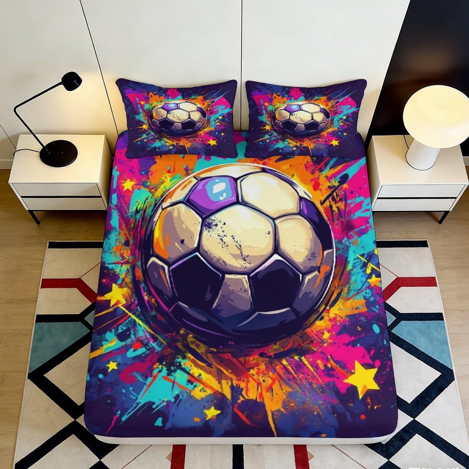 Uxinyoume Style-6 3D Printed Graffiti Soccer Fitted Sheet Microfiber Colourful Splash Bed Cover For Bedroom Guest Room Decor 90X200x25cm