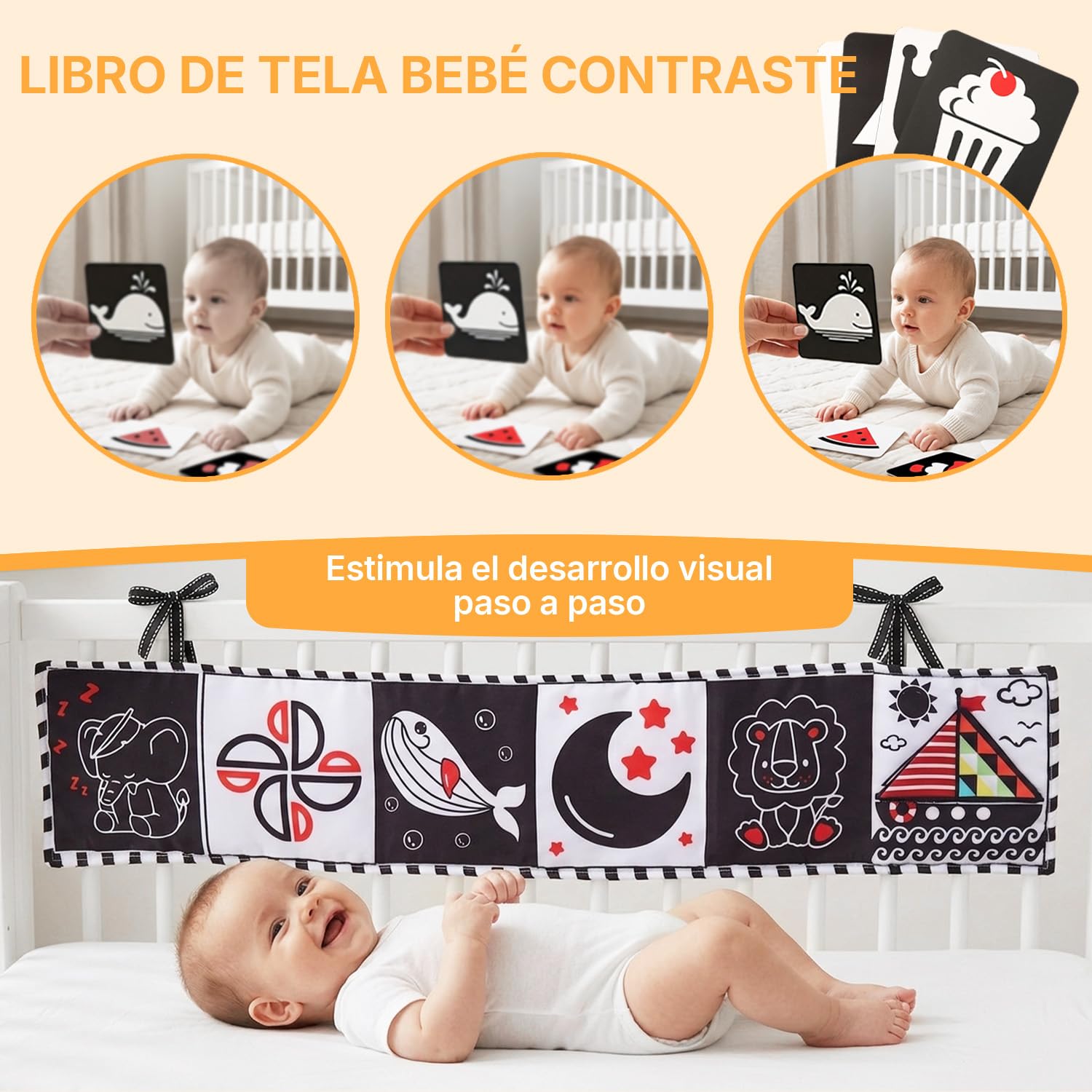 JoyCat Juguetes Bebés 0 3 6 Meses, 6 en 1 Juguetes Sensorial con Tarjetas Blanco y Negro, Libro de Tela, Sonajeros, Mordedor, Tummy Time Estimulacion Bebe 0-6 Meses Regalo Bebe Recien Nacido Niño