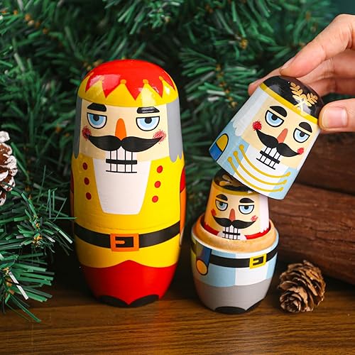 Miniatura 5 de MCPINKY 5 muñecos de anidación de cascanueces, muñecas de anidación de madera de Navidad hechas a mano, juguete apilable Matryoshka para Navidad,