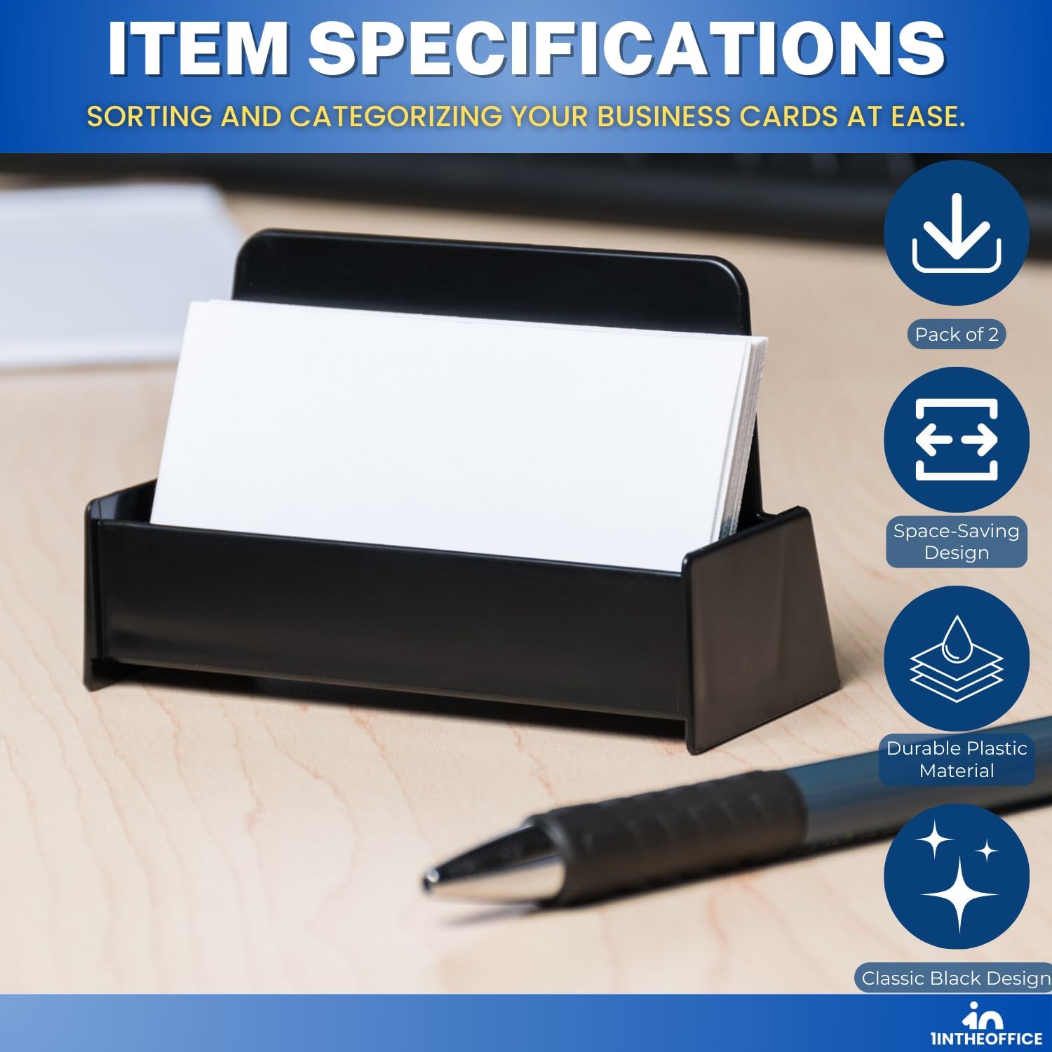 1InTheOffice Business Card Holder Desk, Desk Business Card Holder Display, Plastic, Black, 2 Pack