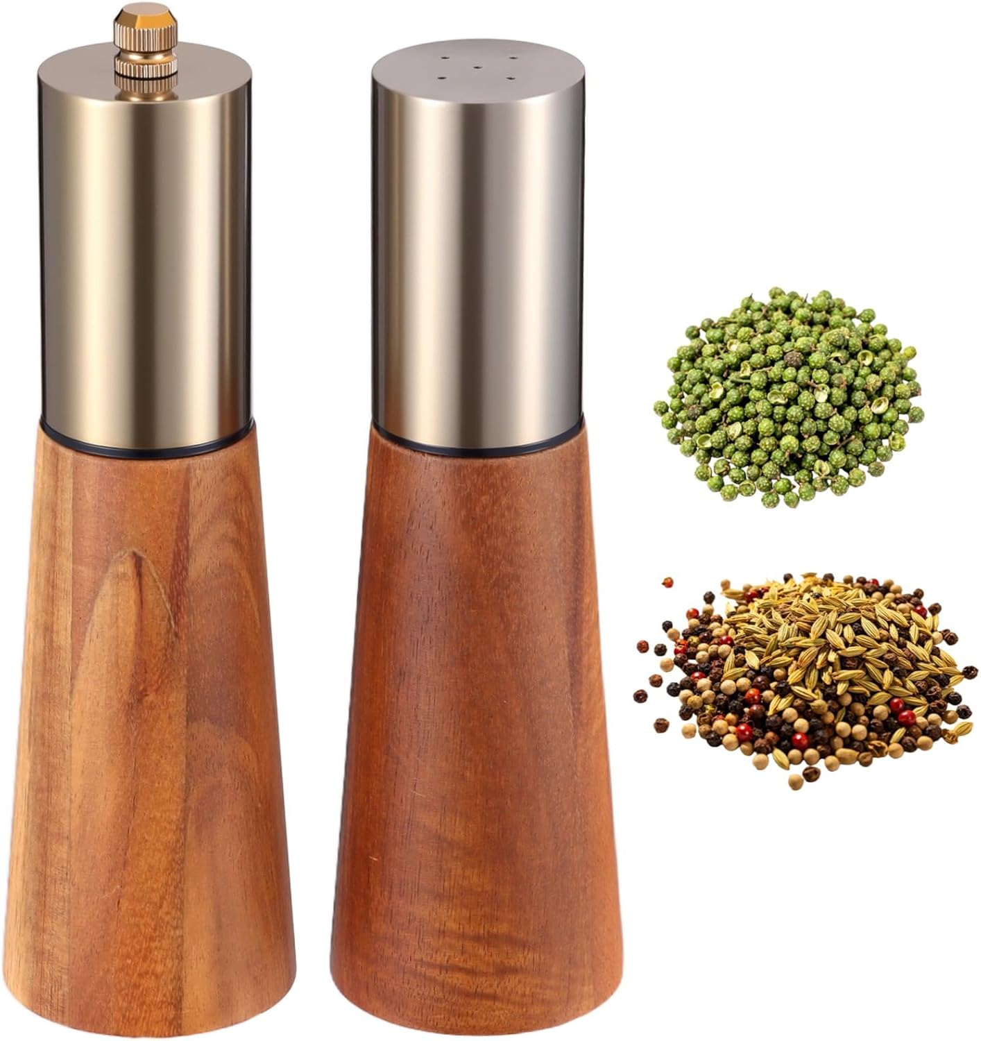 Pepper Grinder Set, 2 Pcs, Stainless Steel, Wooden, Refillable Ceramic-Core Grinder, Adjustable Coarseness, for BBQ and Kitchen Use