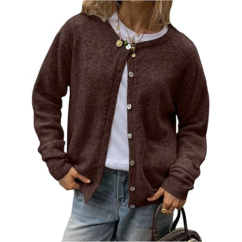 MakeMeChic Women's Button Up Cardigan Sweater Lightweight Long Sleeve Crew Neck Knit Tops