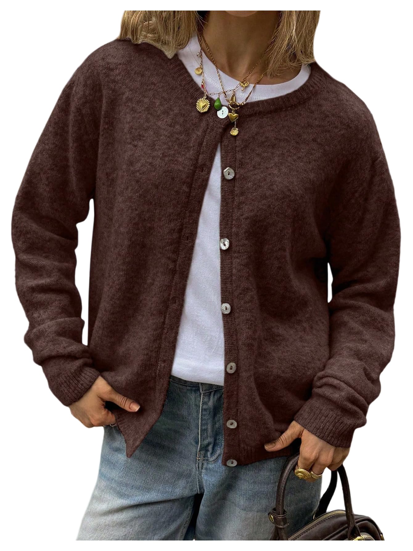MakeMeChic Womens Button Up Cardigan Sweater Lightweight Long Sleeve Crew Neck Knit Tops