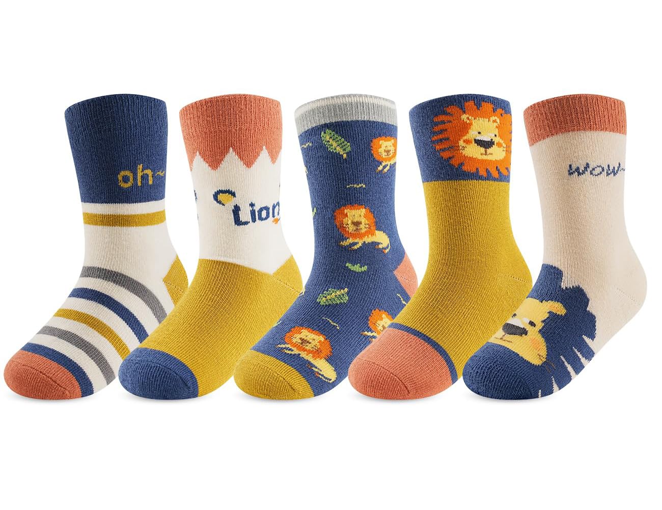 WFKKMEQ Lion Socks for Kids, 5 Pairs Lion Crew Socks Cotton Sock Winter Warm Novelty Sockss Funny Cartoon Cosy Breathable Cotton Anit Skid Sock for Kids Everyday (L)