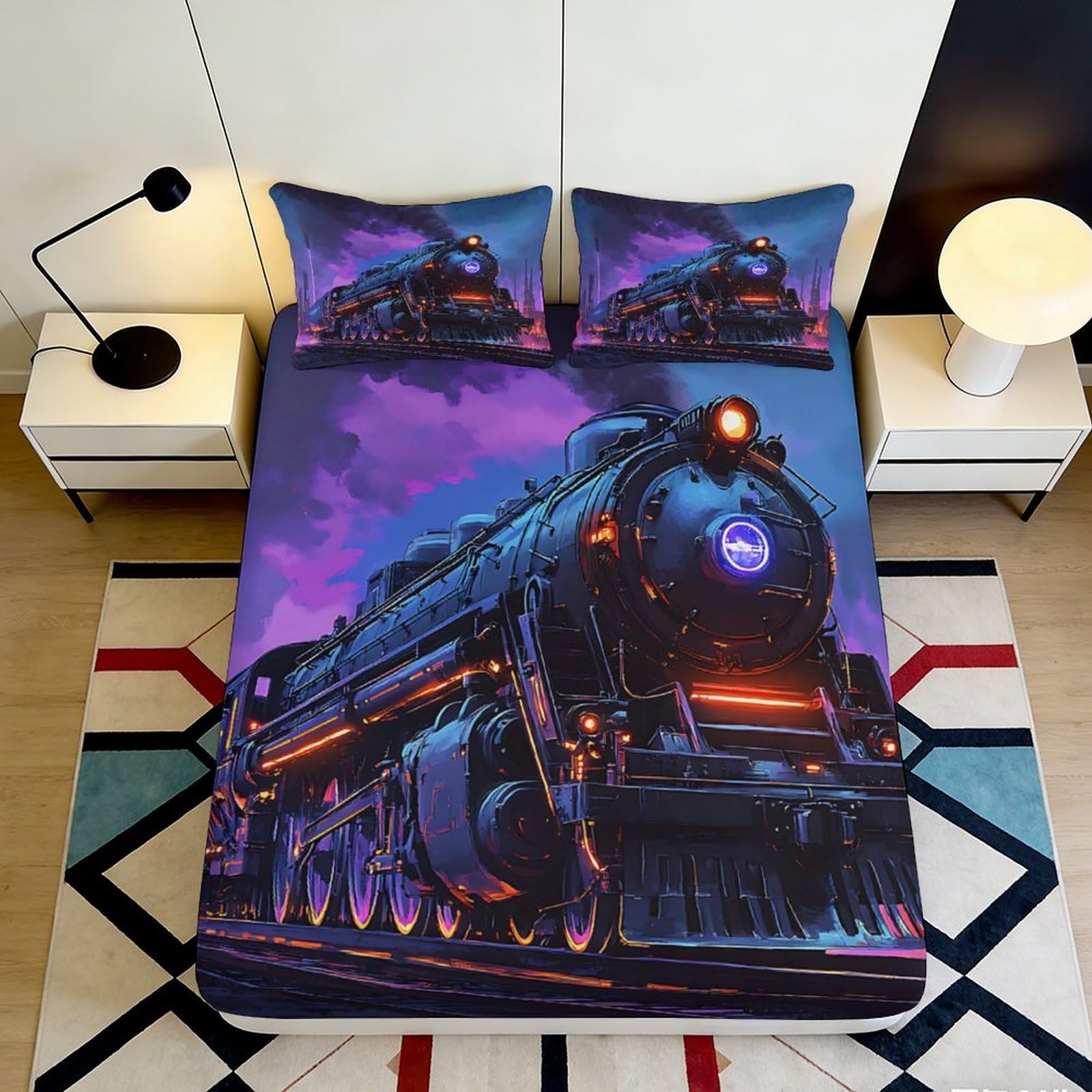 3D Printed Night Train Fitted Sheet Microfiber Soft Purple Steam Locomotive Bed Cover for Bedroom Guest Room 90x200x25cm