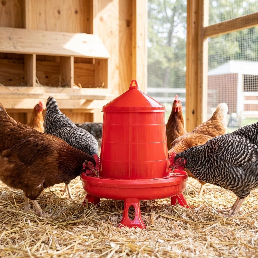 Tramoggia mangiatoia plastica galline con gambe 16 kg, 46 x 46 x 63 cm, rosso