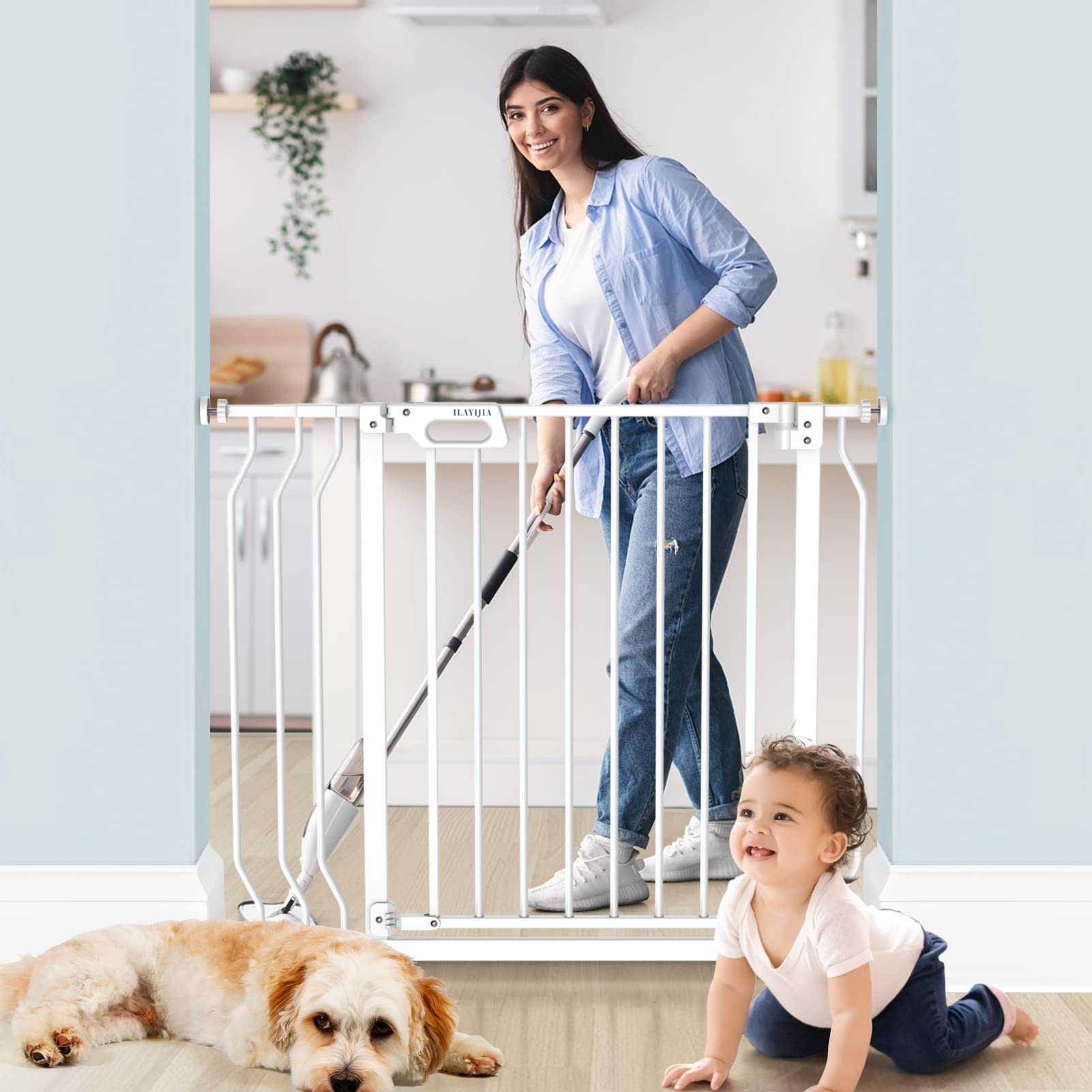 ILAYIJIA Baby Gate for Stairs and Door Ways, Dog Gates for The House 29" to 39" with Auto-Close, Pet Gate for Indoor with Wall Protectors and Extenders, No Drilling (White)