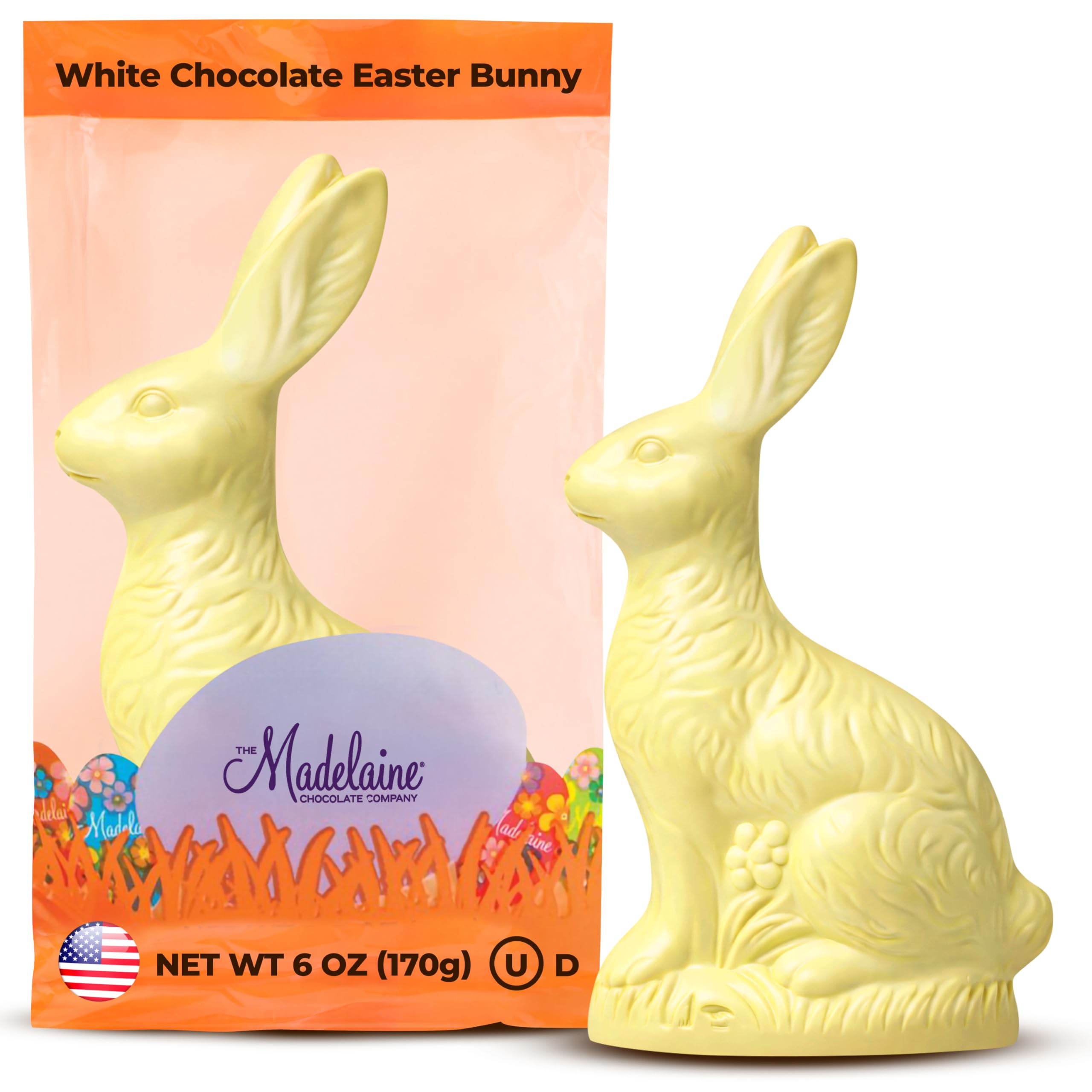 Madelaine Solid Premium White Milk Chocolate Easter Bunny in Cellophane Bag - 6 OZ, Perfect for Easter Basket Stuffers, Gifts, and Party Favors