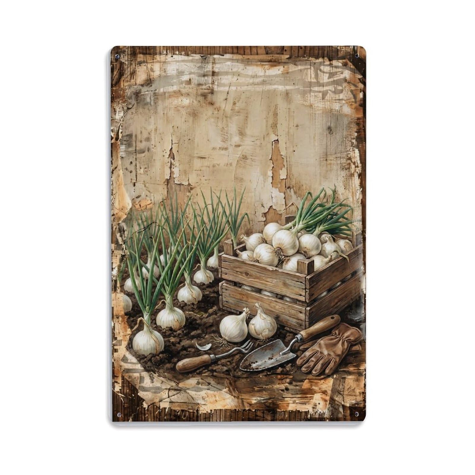 Onion Garden White Vegetable Countryside Field Vintage Metal Tin Sign Plaque Wall Decor for Cafe, Club, Garden Metal Poster 8x12Inch