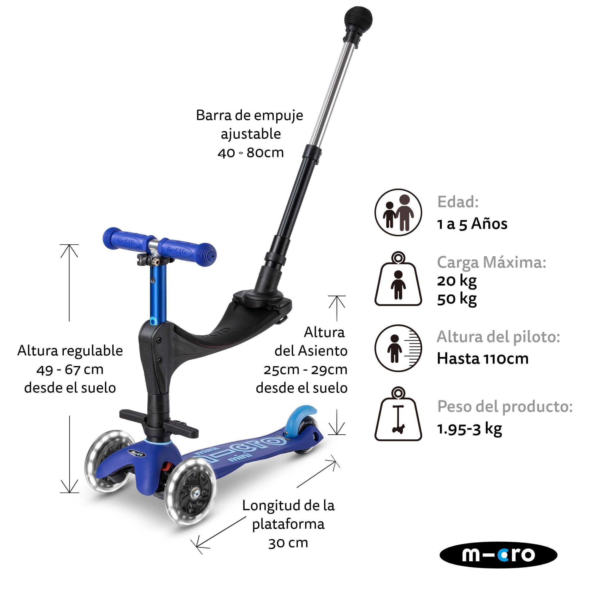 Micro® | Mini 3en1 Deluxe Plus LED Patinete con Asiento 3 Ruedas | Patinete Evolutivo | Asiento + Reposapiés + Bastón de Empuje | Ruedas con iluminación LED | 1-5 Años | Niños y Niñas