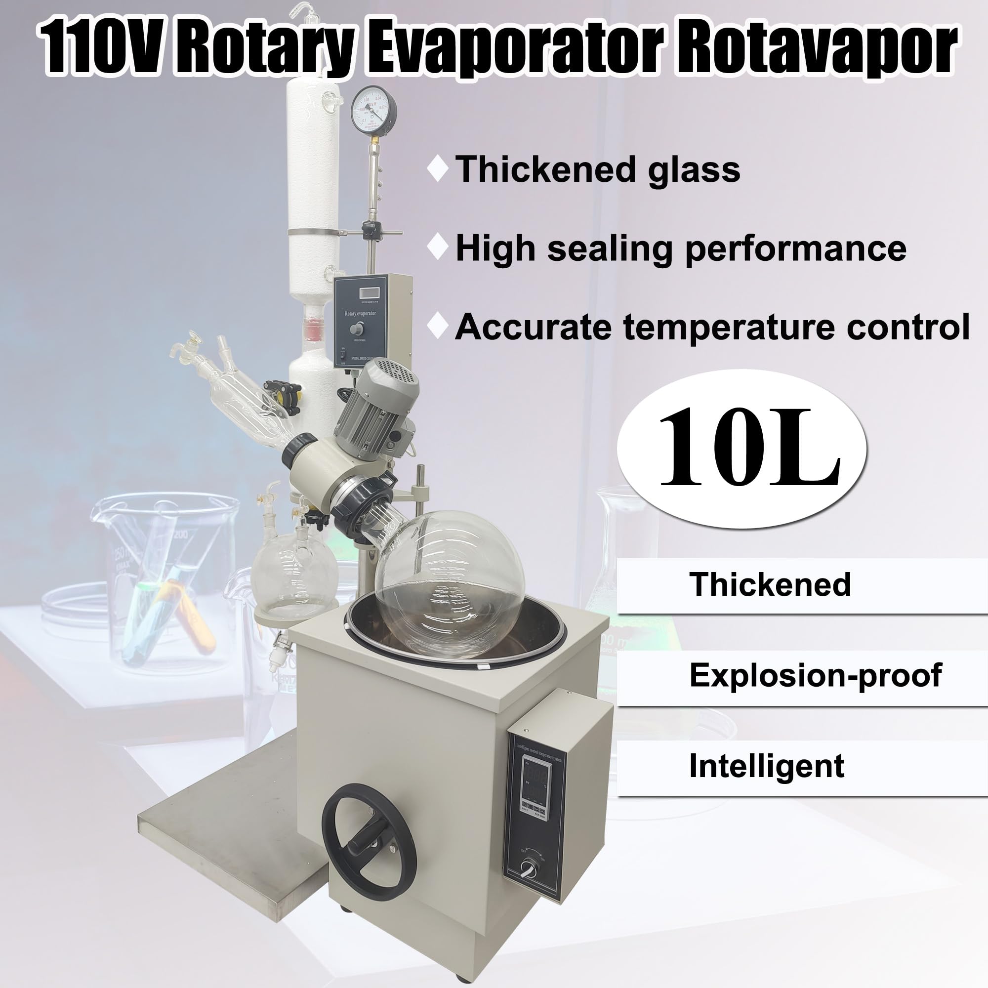 HQHAOTWU Rotary Evaporator 10L Lab Rotary Evaporator Rotavapor Device with Water Bath Digital Control Vacuum Evaporator with Manual Lifting 110V 0-120 R/min Lab Evaporator Rotary Apparatus