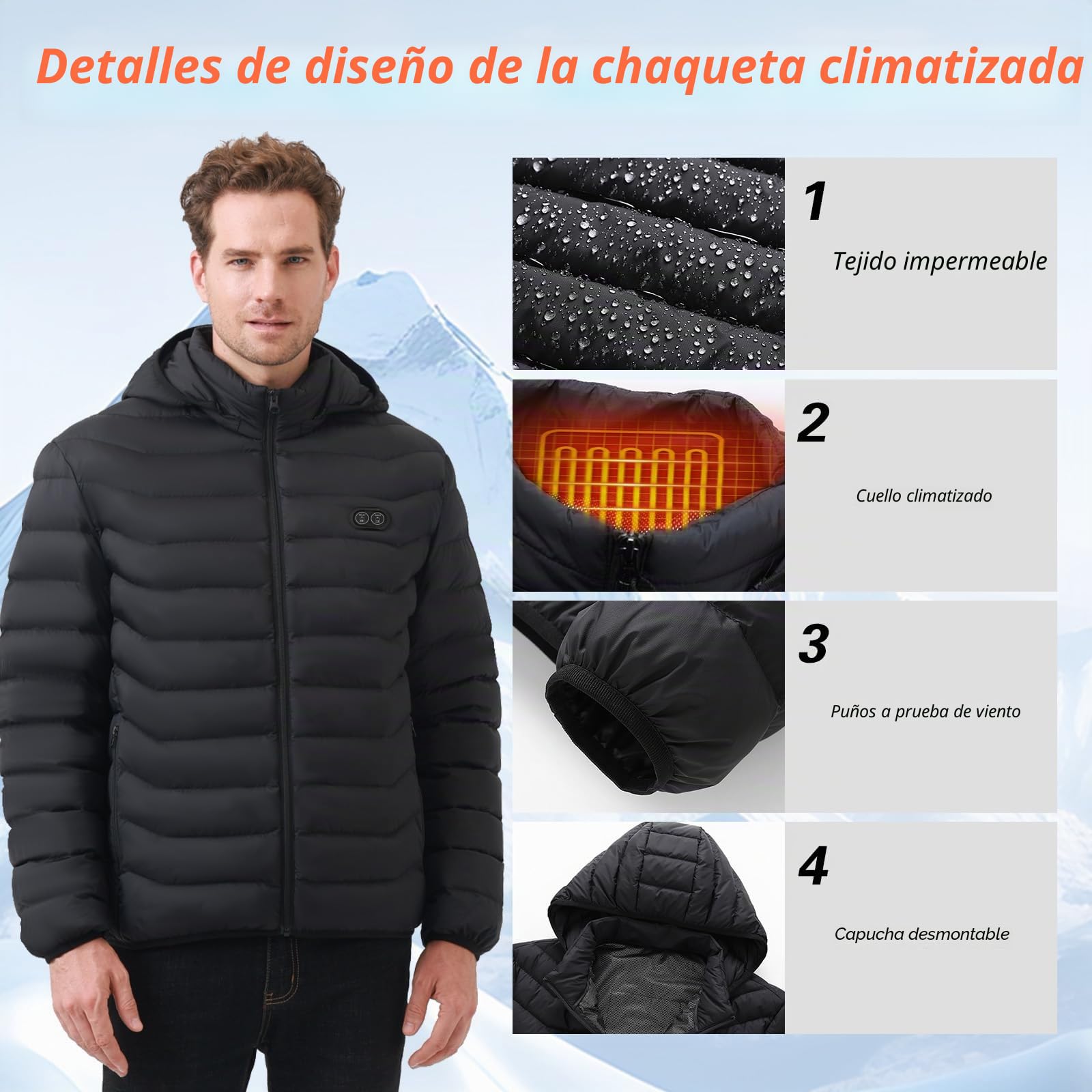 Chaqueta Calefactable Hombre con Batería 10000mAh, Chaquetas con Calefaccion con 5 Zonas, 3 Temperaturas, Control Doble, Ideal para Senderismo, Esquí y Acampar