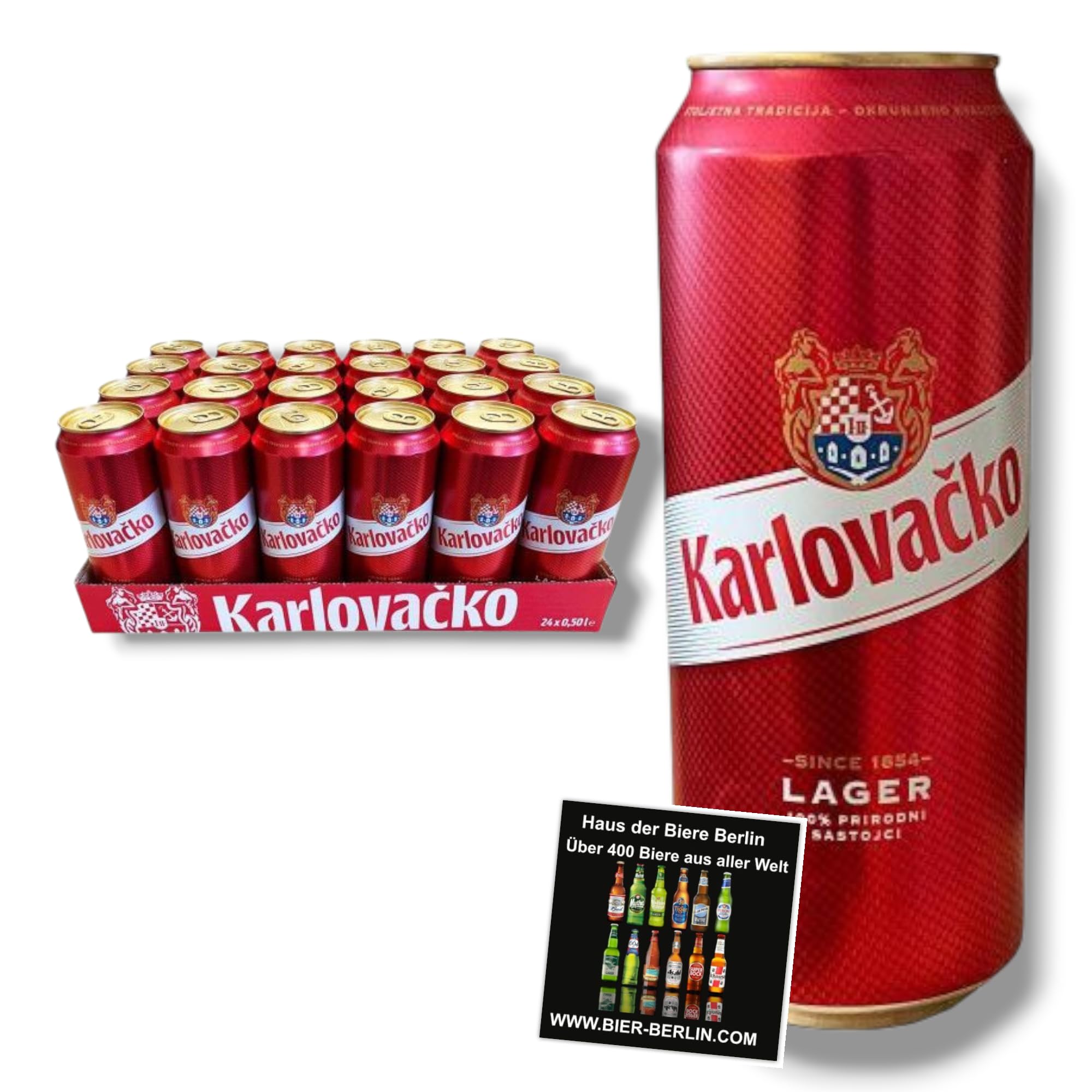 Karlovacko Bier 24 x 0,5L Dose – Kroatisches Lagerbier – Import – Haus der Biere Berlin Bierdeckel Edition – Premium Bier