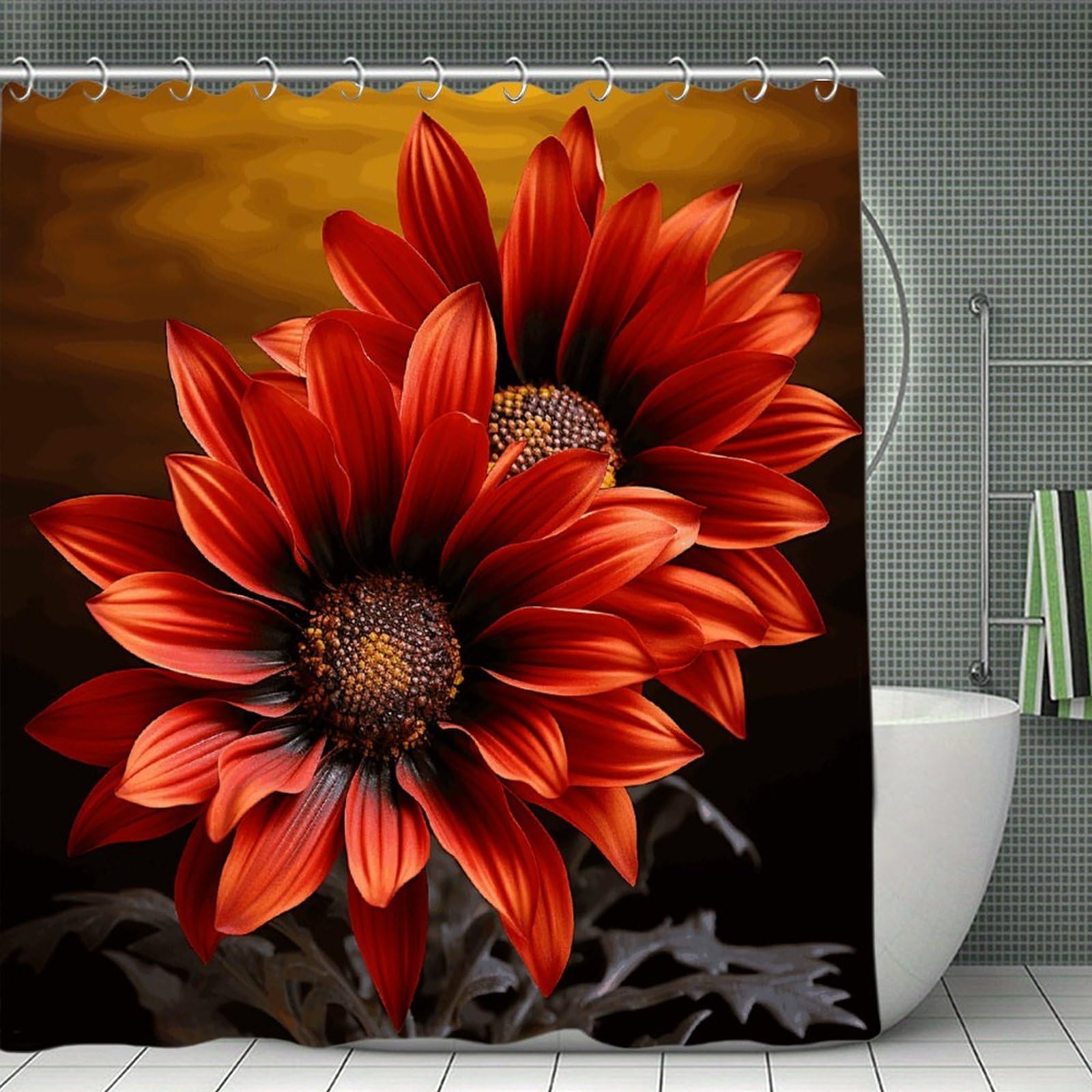 VstaDank Red Sunflower Shower Curtain Waterproof Bathroom Curtain with Hooks Luxury Weighted Bath Curtains for Bathtubs Showers Room Dividers Decorative Shower Curtains 71x71 in