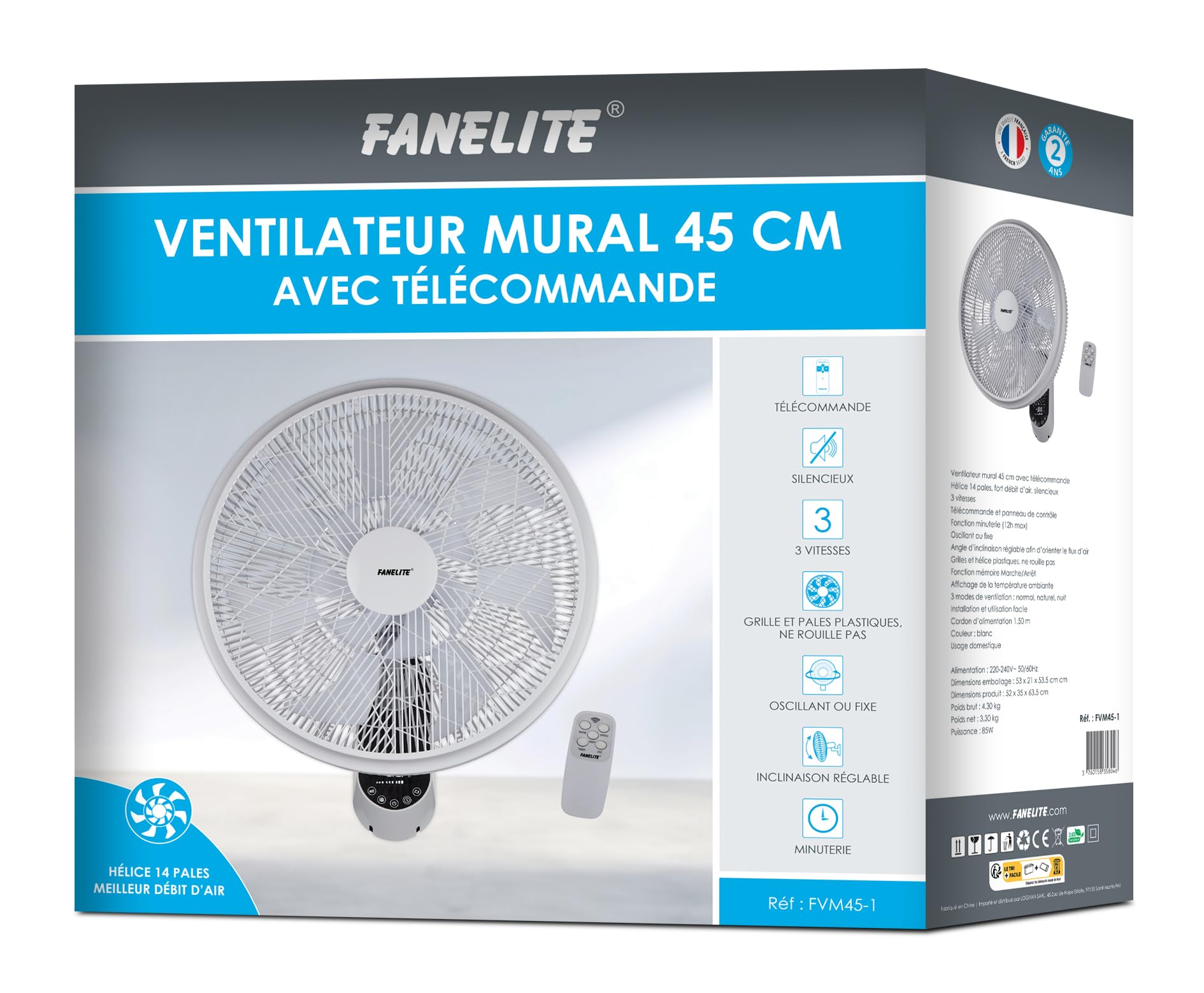 Fanelite - Ventilateur mural FVM45-1 - Diamètre 45 cm - 3 vitesses - Avec télécommande - Minuterie - Grille et hélice plastiques - Oscillant ou fixe - Installation facile - Silencieux
