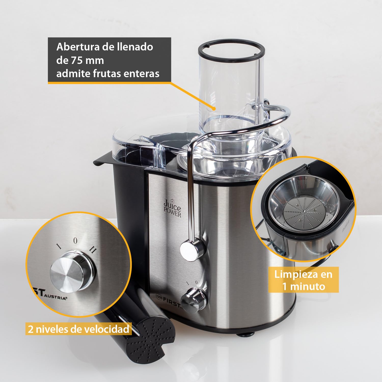 TZS First Austria Exprimidor | 800 W | 750 ml | Boca de llenado XXL | 2 velocidades | Fácil limpieza | Filtro de extracción de acero inoxidable | Patas antideslizantes