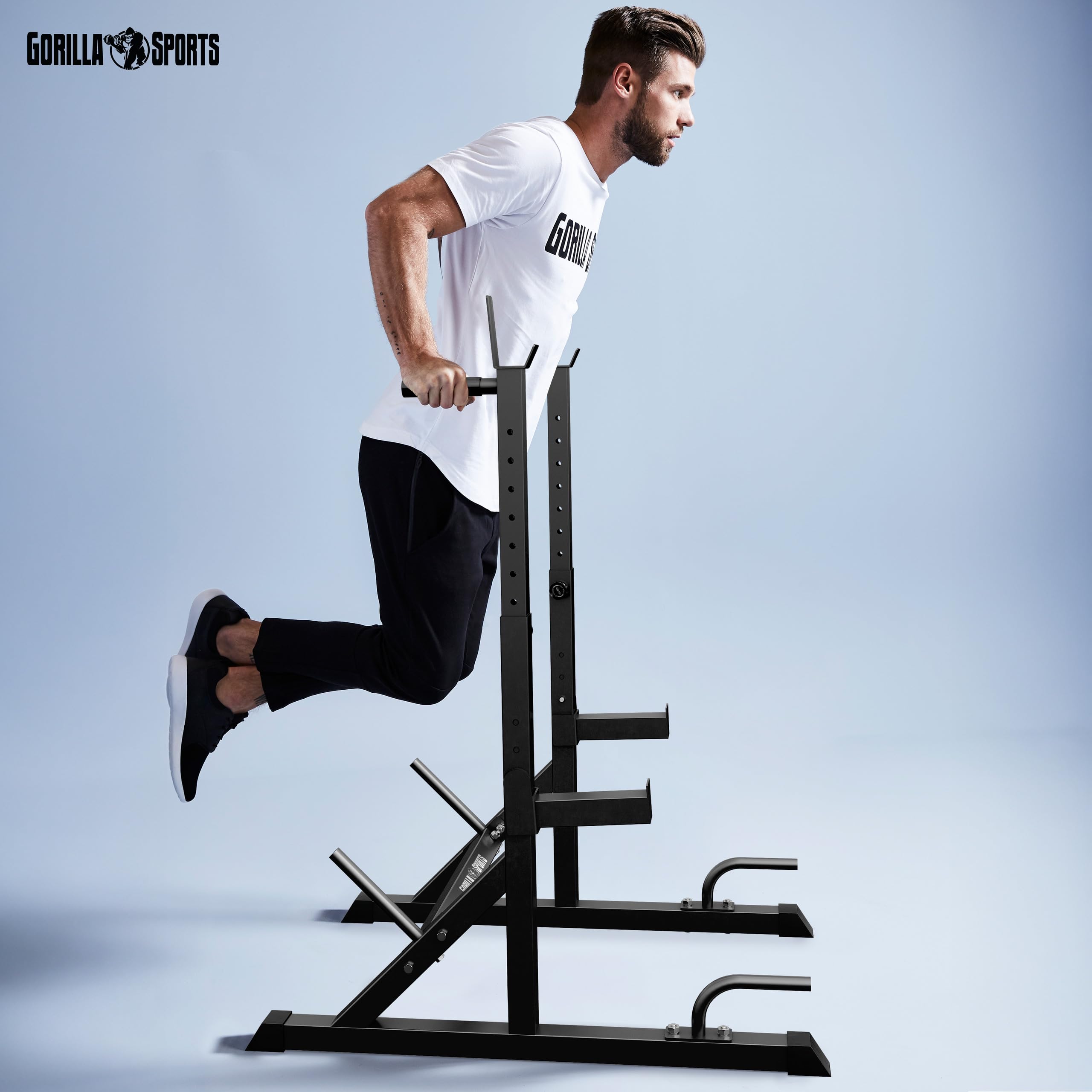 GORILLA SPORTS® Rack Palestra - Regolabile altezza e larghezza, Multifunzione, Max da 200 a 250 kg - Supporto Bilanciere, Porta Bilanciere da Terra, Squat Rack Palestra Casa, Stand Squat