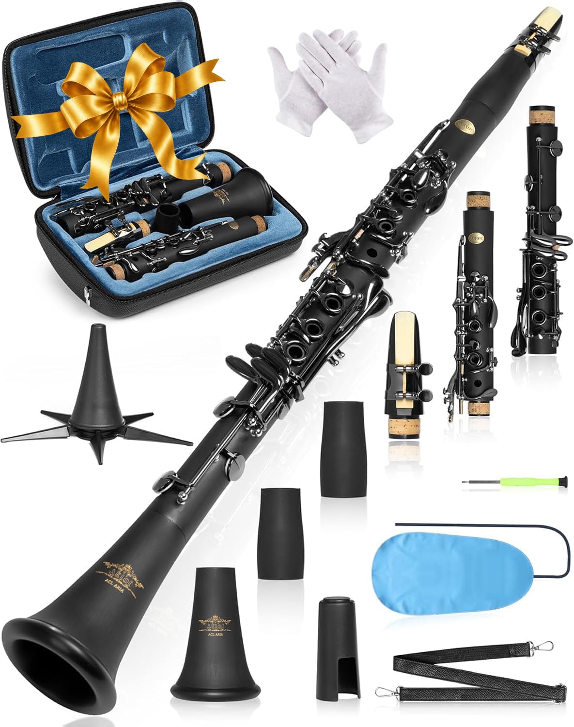 AKLOT B Flat Concert Clarinet: Precision Tone Hole Design for Stable Intonation, Durable Black Nickel Keys, Including Leather Hard Case, Barrel, Stand, Full Cleaning Kit (Aria-EN)