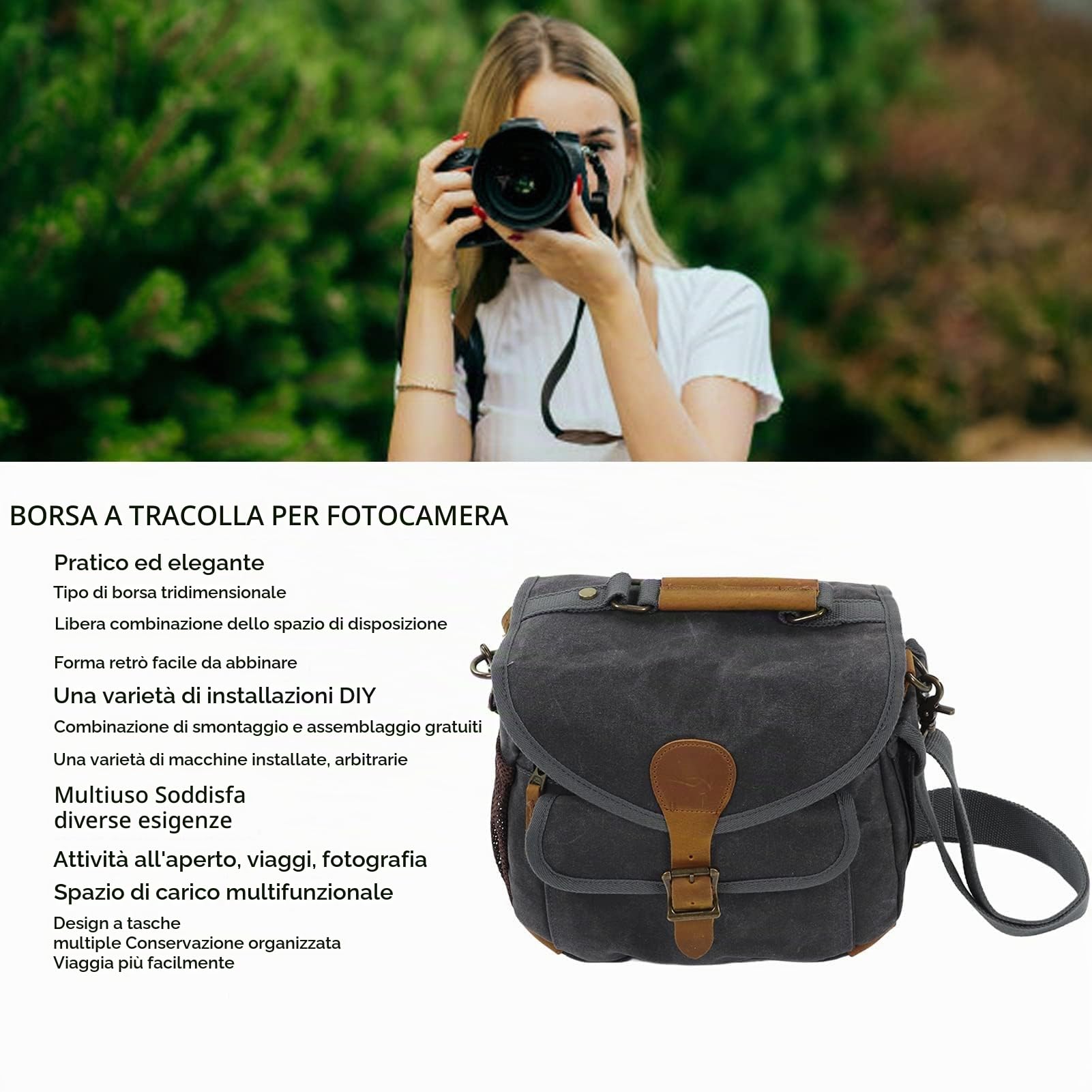 Borsa per fotocamera in tela, custodia a tracolla per fotocamera con tracolla regolabile borsa a tracolla portatile antiurto per fotocamera per fotografia di viaggio