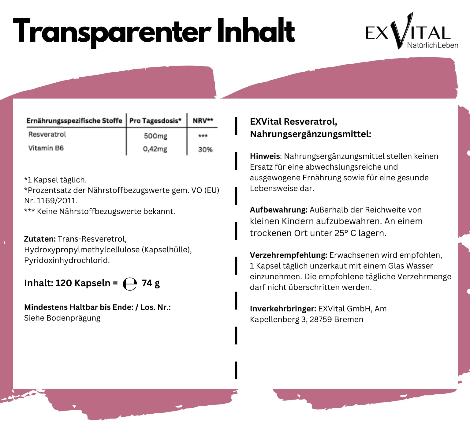 EXVital® Resveratrol Kapseln, 98% Trans-Resveratrol, 500mg pro Kapsel, 120 vegane Kapseln, vegan & ohne Zusätze, laborgeprüft