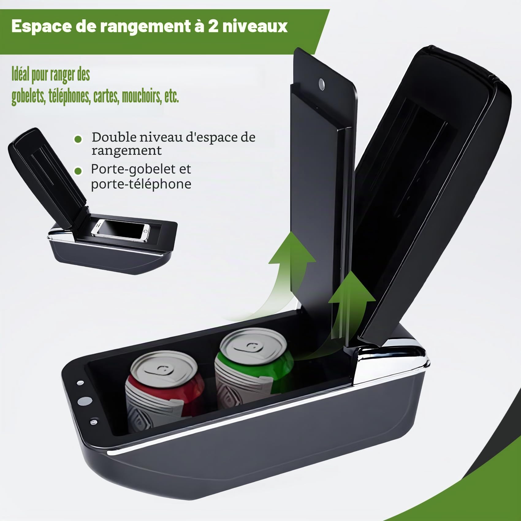 Accoudoir Centrale pour Citroen Berlingo, Rangement Intégré, Cuir Noir, Facile à Installer, Accessoire Intérieur Voiture