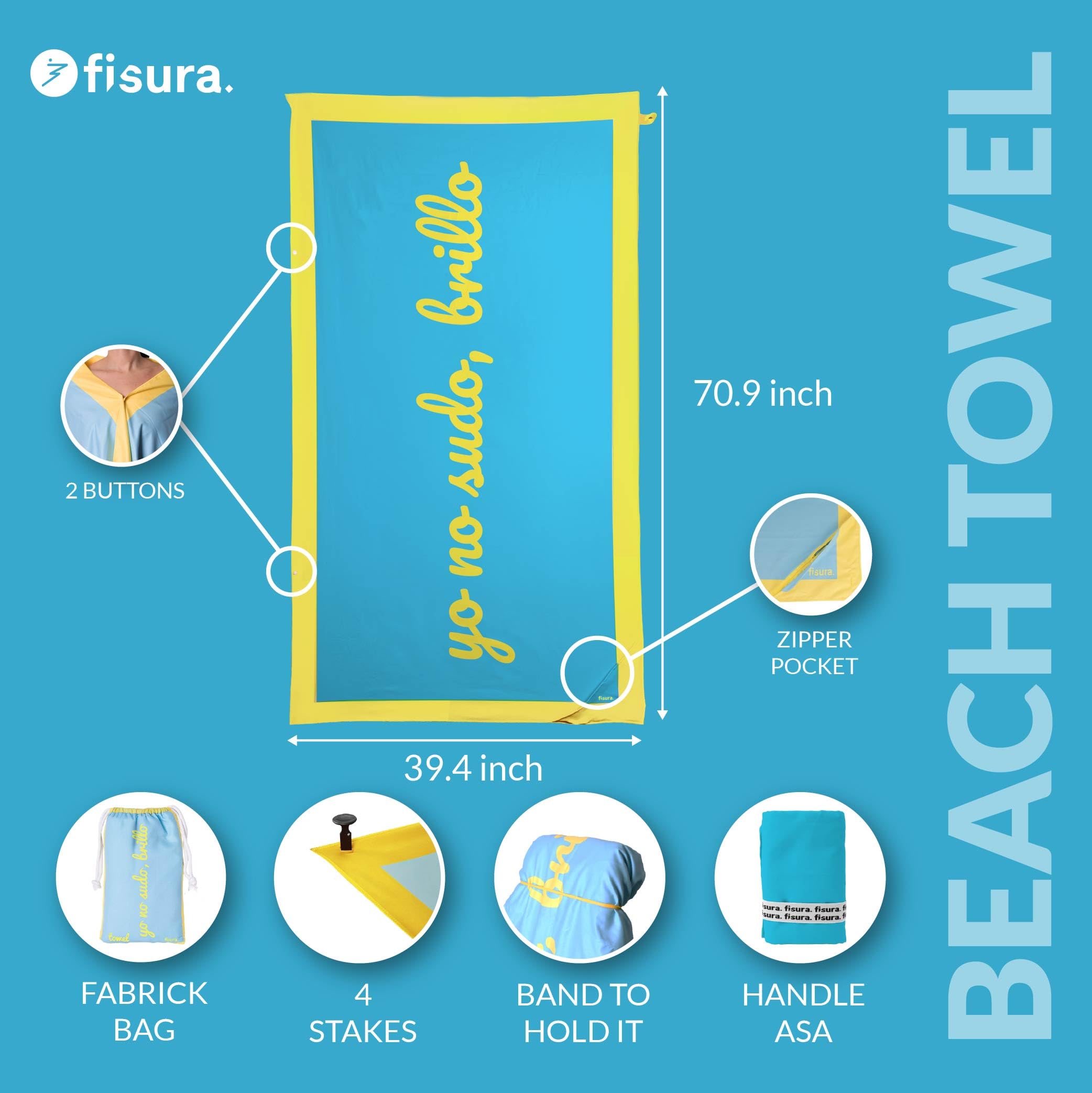 Fisura, Oversized Beach Towel Yo no sudo brillo Lightweight blue and yellow microfiber towel for the pool beach, camping - Image 3