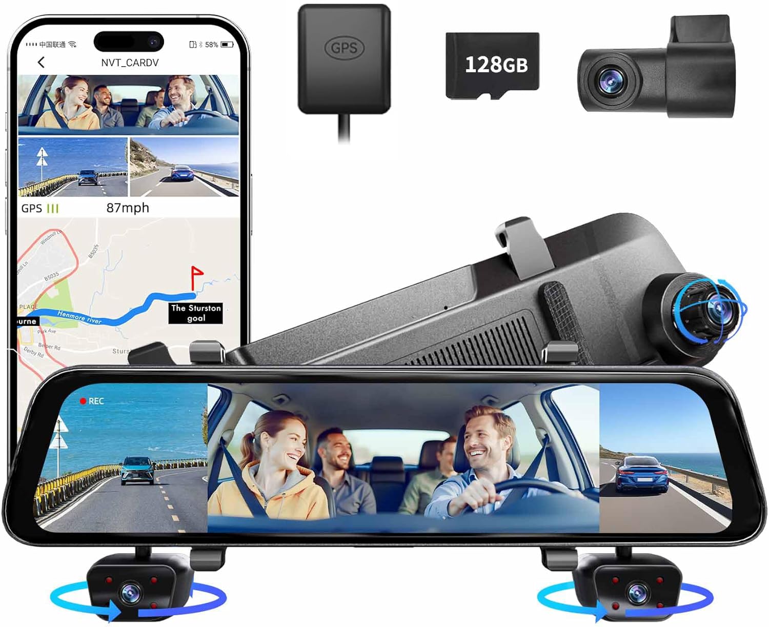 2026 12'' Mirror Dash Cam 4 Channel, Touch Screen Rear View Mirror Camera for Cars,1080Px4 Dashcam Front Rear Inside, IR Night Vision,WiFi,APP,GPS, 24/7 Recording Parking Monitor,Free 128GB SD