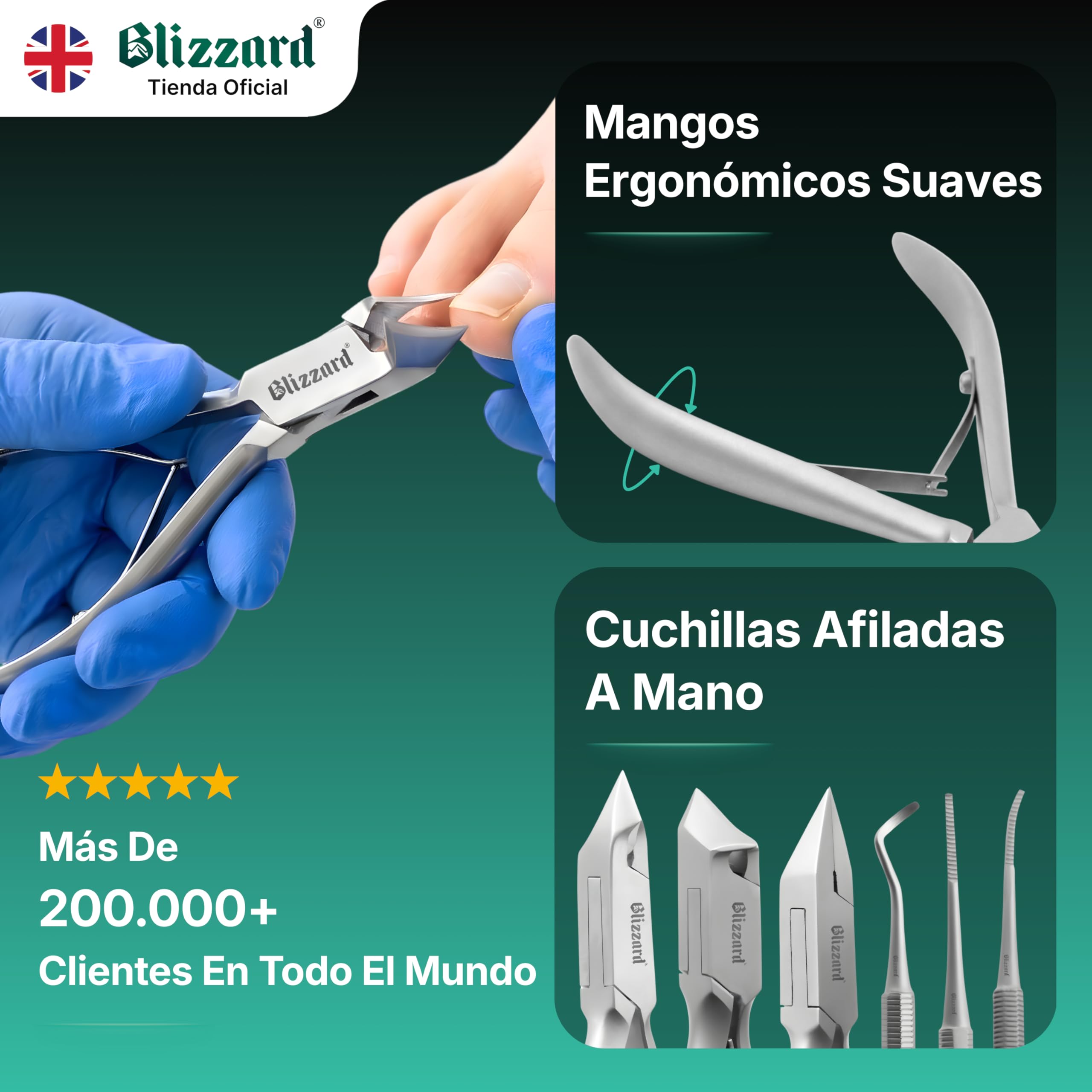 Blizzard Set de Podología Profesional 5 Piezas - Kit Pedicura para Uñas Gruesas y Encarnadas - Herramientas de Acero Inoxidable con Cortaúñas Alicates Cortacutículas Lima Elevador Podología Completo