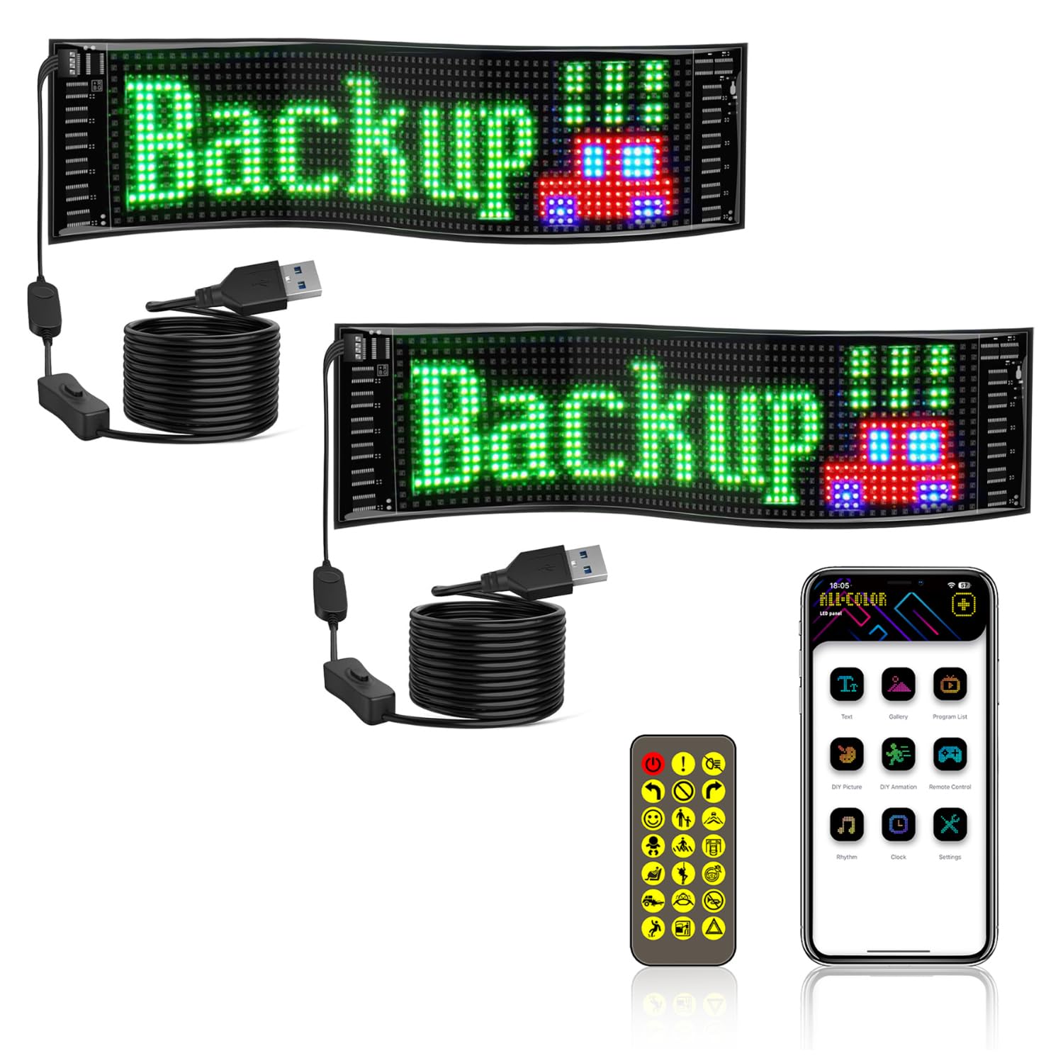 NEWFUN 2 er LED anzeigetafel, led laufschrift programmierbar, 37,2 x 9,2 cm Display, 5 V / 2 A Bluetooth Smart Apps. RGB-Panel, Personalisierte Leuchtreklame für Autos
