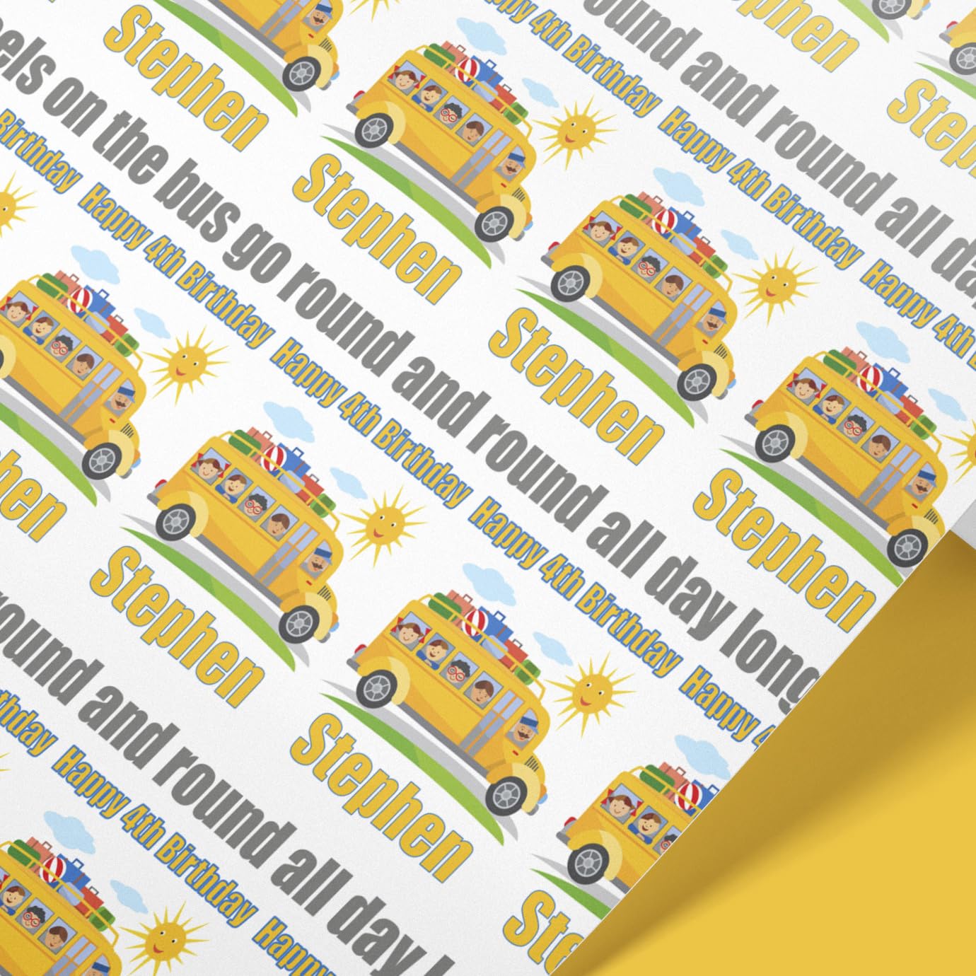 Personalised Wheels On The Bus wrapping paper | Nursery Rhyme gift wrap | 61cm width wrapping paper rolls | Personalised Gift Wrap | Birthday present idea | Kids Birthday wrapping paper (Yellow, 4m)