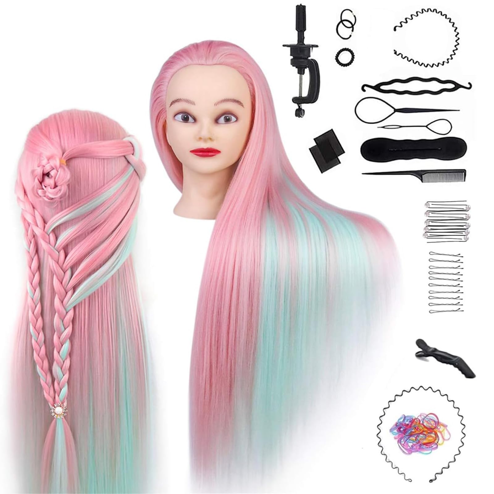 TwoWin Testina Parrucchiere con Capelli Sintetici - 28 Pollici /71 cm Manichino per Formazione Acconciature con Morsetto e Kit Extension (Rosa/Verde) - 1