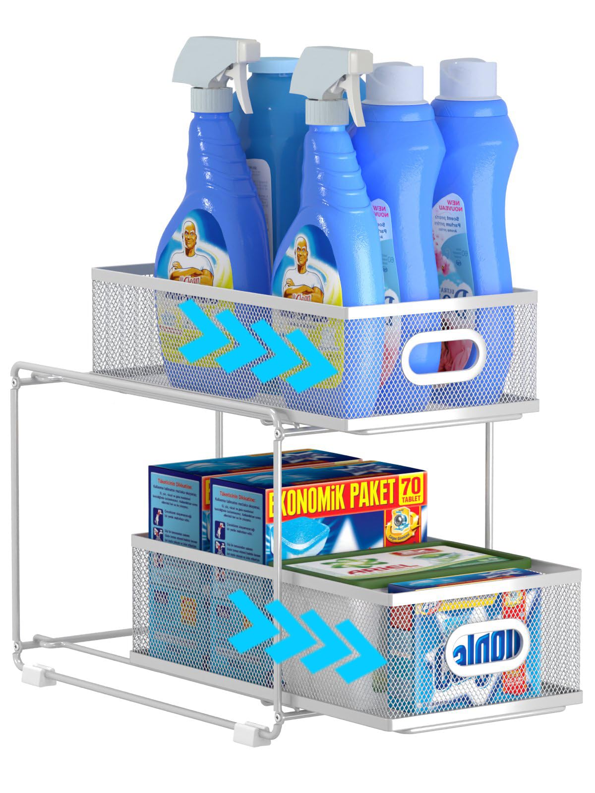 wkokos 2 Tier Bathroom Cabinet Organizer with Pull-Out Sliding Mesh Drawer/Under-Sink Storage -Made of Steel (Silver), Silver, 1 Pack