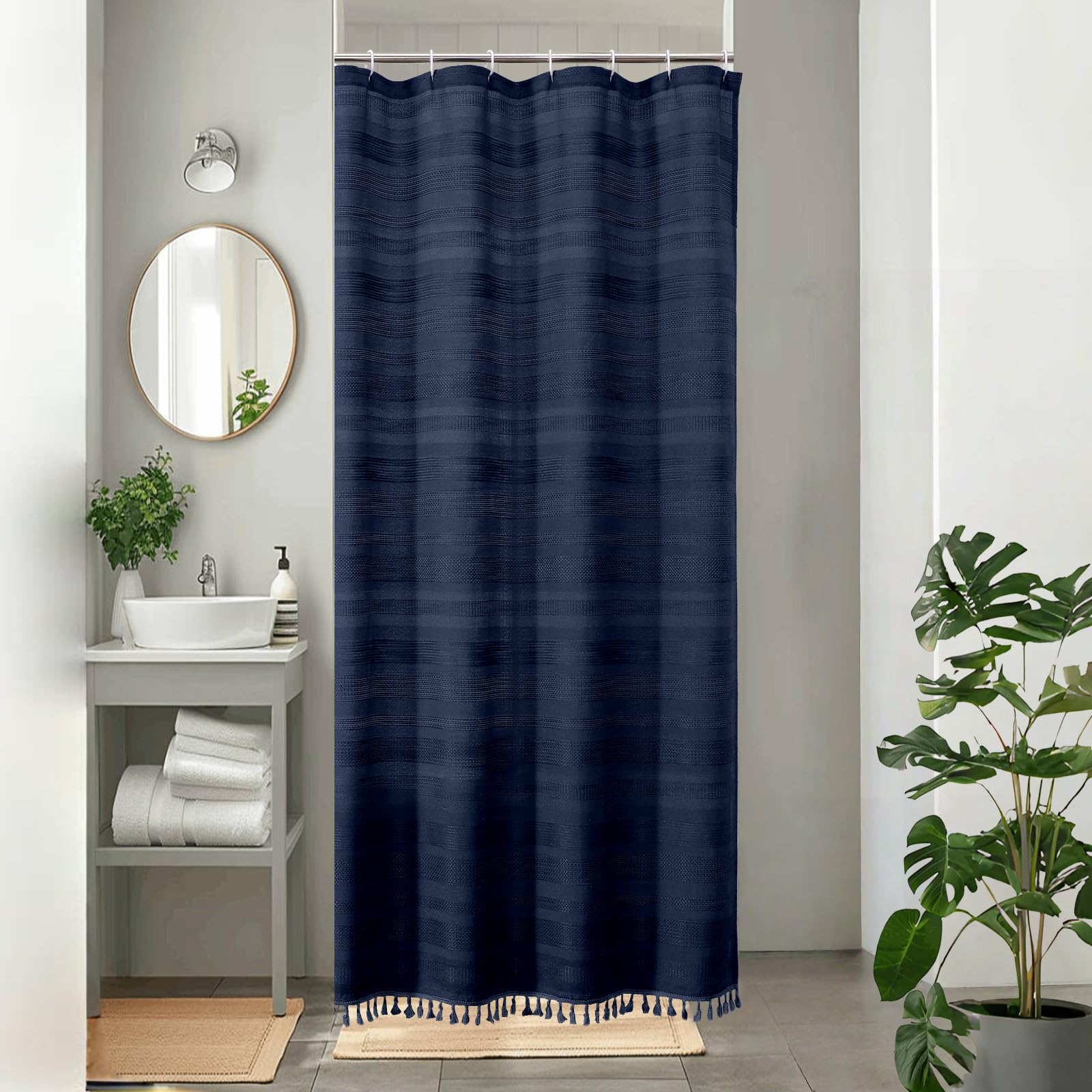 OVZME Navy Blue Boho Stall Shower Curtain, Narrow Soft Fabric Striped Linen Textured Bathroom Shower Curtain with Tassel, Modern Farmhouse Machine