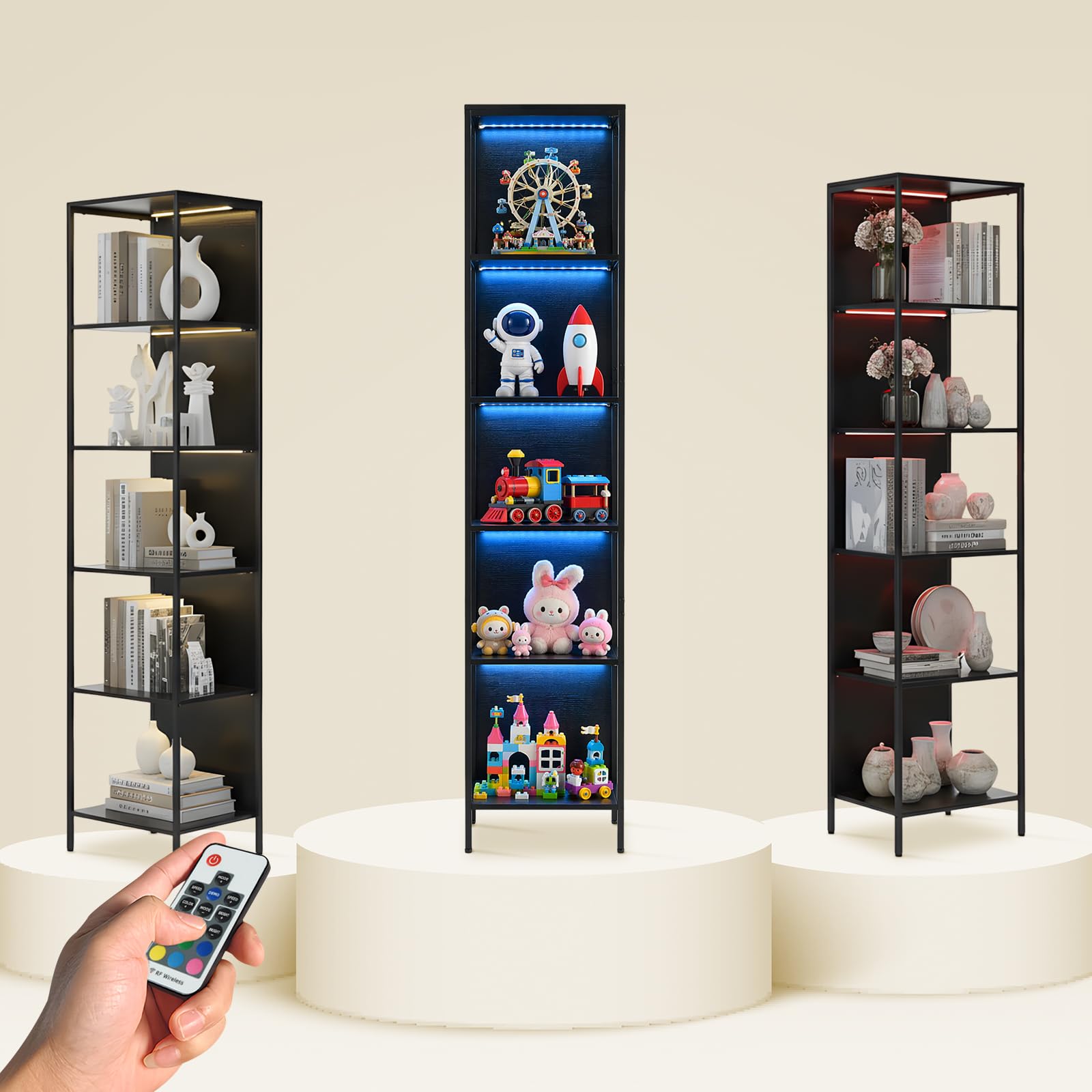 EGGREE Offene Sammlervitrine mit LED-Beleuchtung,Regal mit 6 LED Farben Beleuchtung, Vitrine für Sammlerstücke Bücher Wein, für Büro Wohnzimmer Küche, 40x30x178cm | Offene Sammlervitrine, 6 LED-Farben, Regal für Sammlerstücke, Bücher, Wein, geeignet für B
