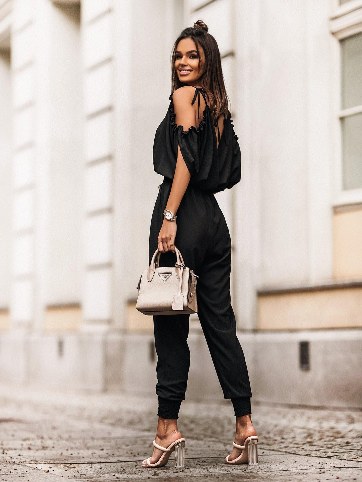 2023 Estate Tute Sexy con Scollo A V da Donna Jumpsuits Elastici in Vita con Spalle Scoperte Rompers Pantaloni Lunghi Casual Larghi
