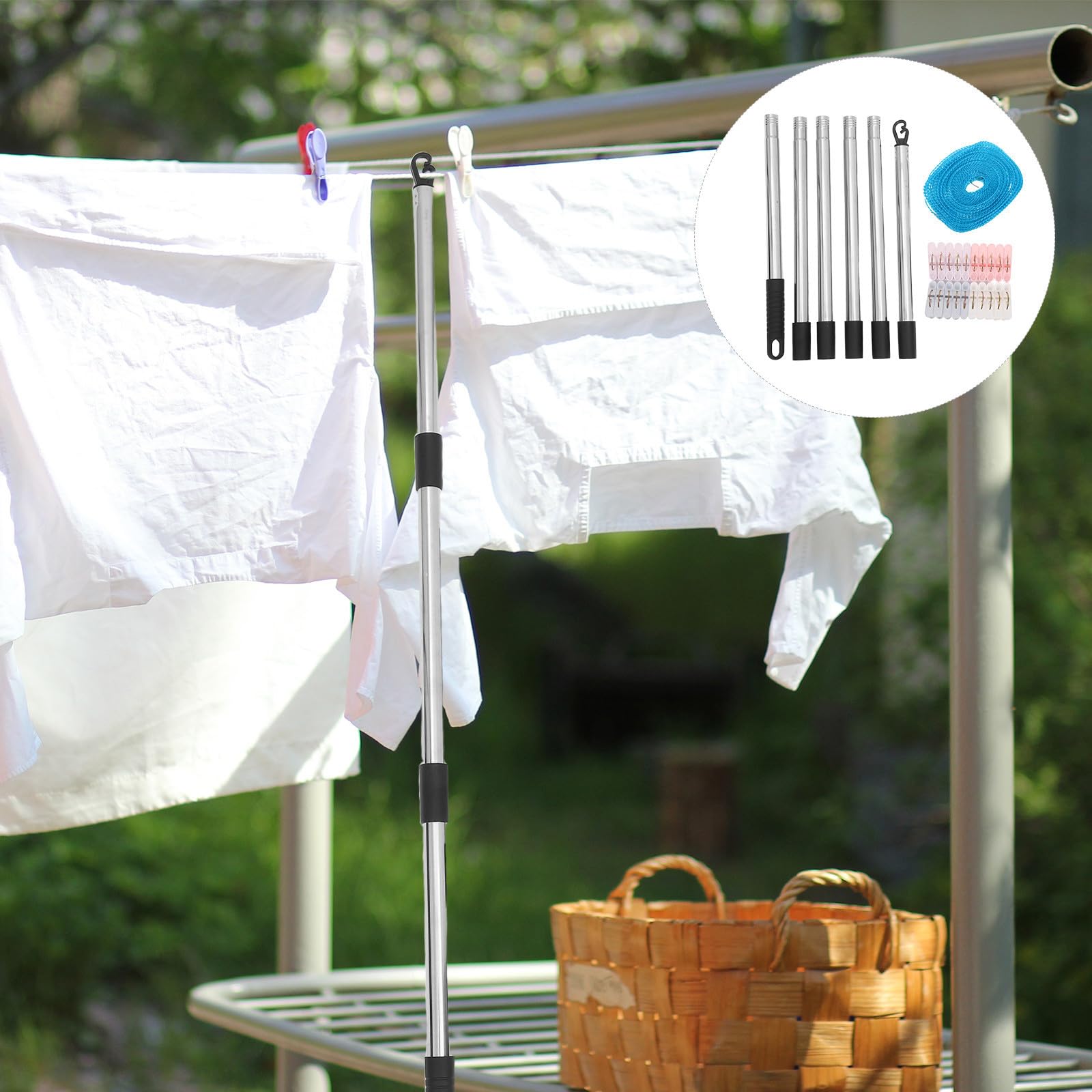 YARNOW Reise Wäscheleine 10m mit 2,2m Abnehmbarer Wäscheleinenstütze Stahl und Nylon Inklusive Trocknungsklammern für Garten und Camping