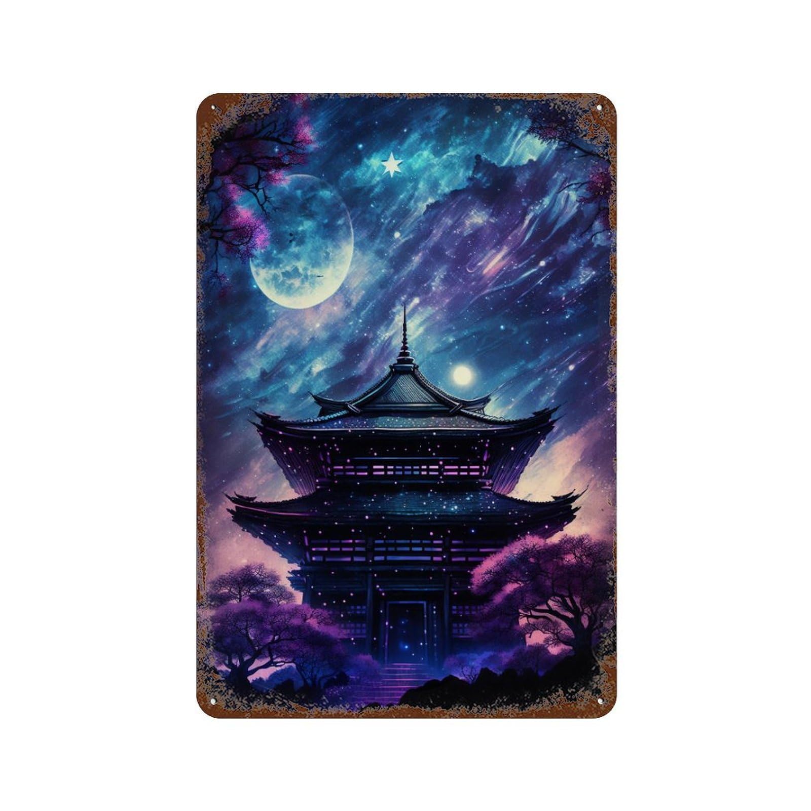 Enchanted Japanese Pagoda Night Sky 11.8"x7.9" Vintage Rust Metal Sign, Decorative Metal Wall Art for Bistro, Counter And Cafe Decor