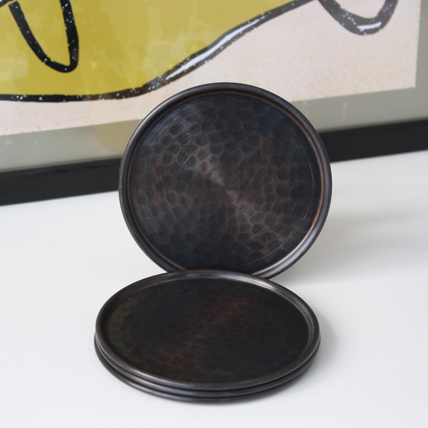 Hammered Copper Coasters | Saucer for Drinks, Beverages & Wine/Bar Glasses, Cups, Mugs, Tumbler | Handmade Unique Gift for Home and Office, Dia 4-Inch (Set of 4) (Antique Copper)