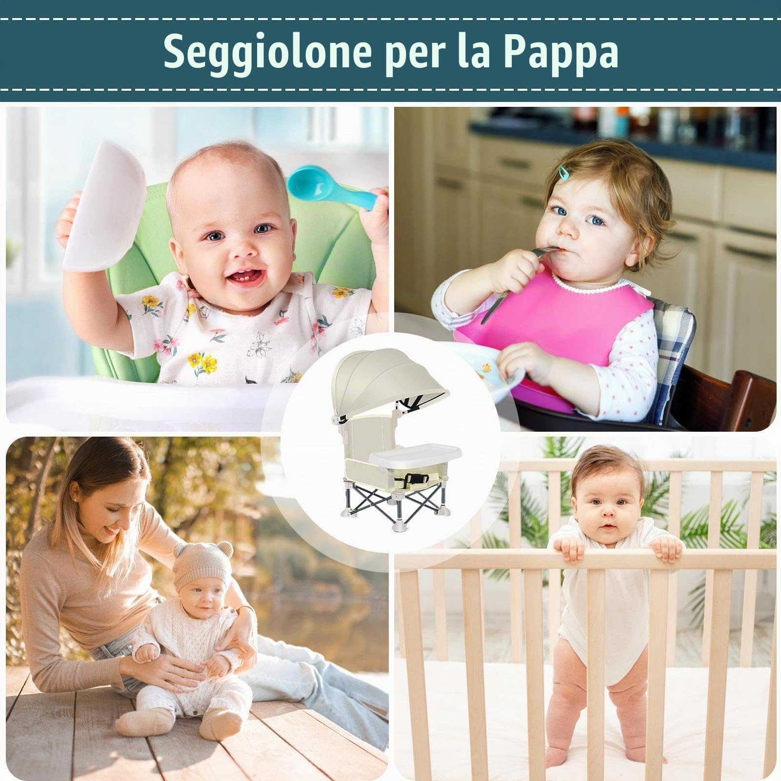 Seggiolone Per Bambini - Seggiolone Da Spiaggia Per Bambini Seggiolino Pieghevole Con Ombrellone E Vassoio Rimovibile, Sedia Per Pappa Per Campeggio, Spiaggia, Prato, Interni Ed Esterni