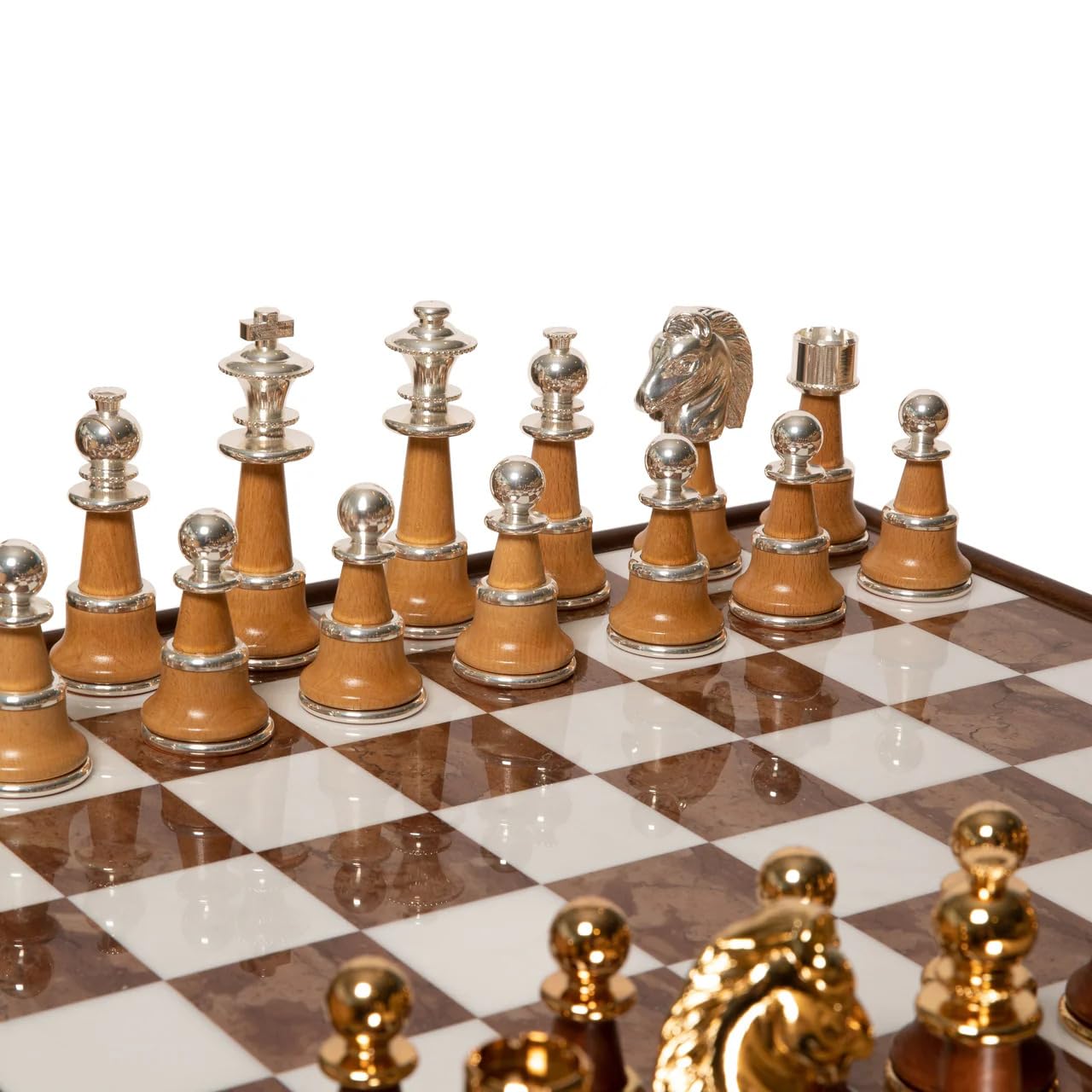 Staunton XL Set + Tilia Wood Chess Table Marble Top Double Drawer New