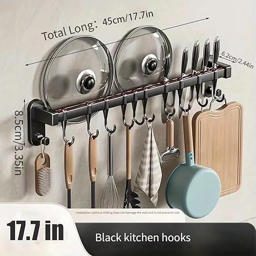 Miniatura 6 de AmoiChic - Estante adhesivo para ollas montado en la pared, para cocina, tapa desmontable, organizador de utensilios con 6 ganchos para cocina,