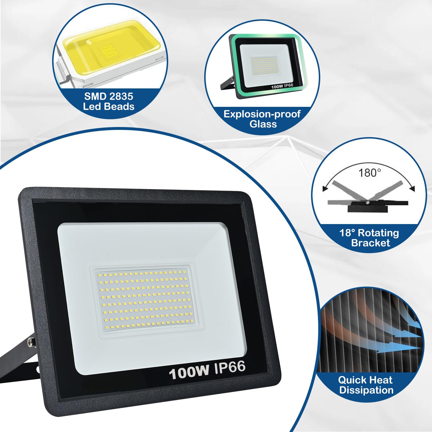 Lightasea Proiettore LED Esterno 100W Con Sensore Movimento – 10000LM, 3 Teste Regolabili, Telecomando, IP65