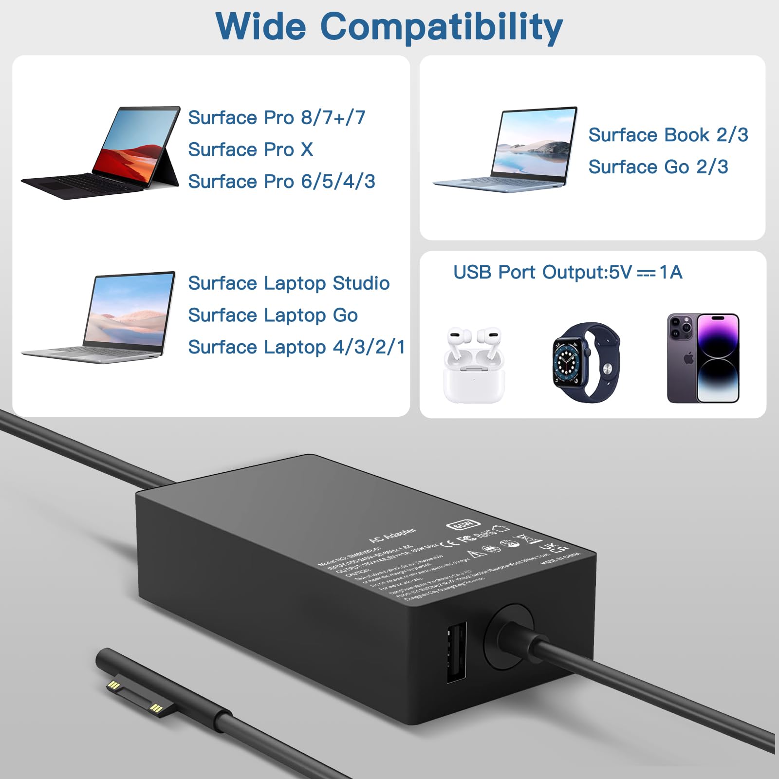 Porta Batteria Microsoft Surface Caricatore 65W Per Microsoft Surface - 15V/4A, Con Porta USB, Per Pro, Go, Laptop, Book Adattatore Usb C - Foto 2