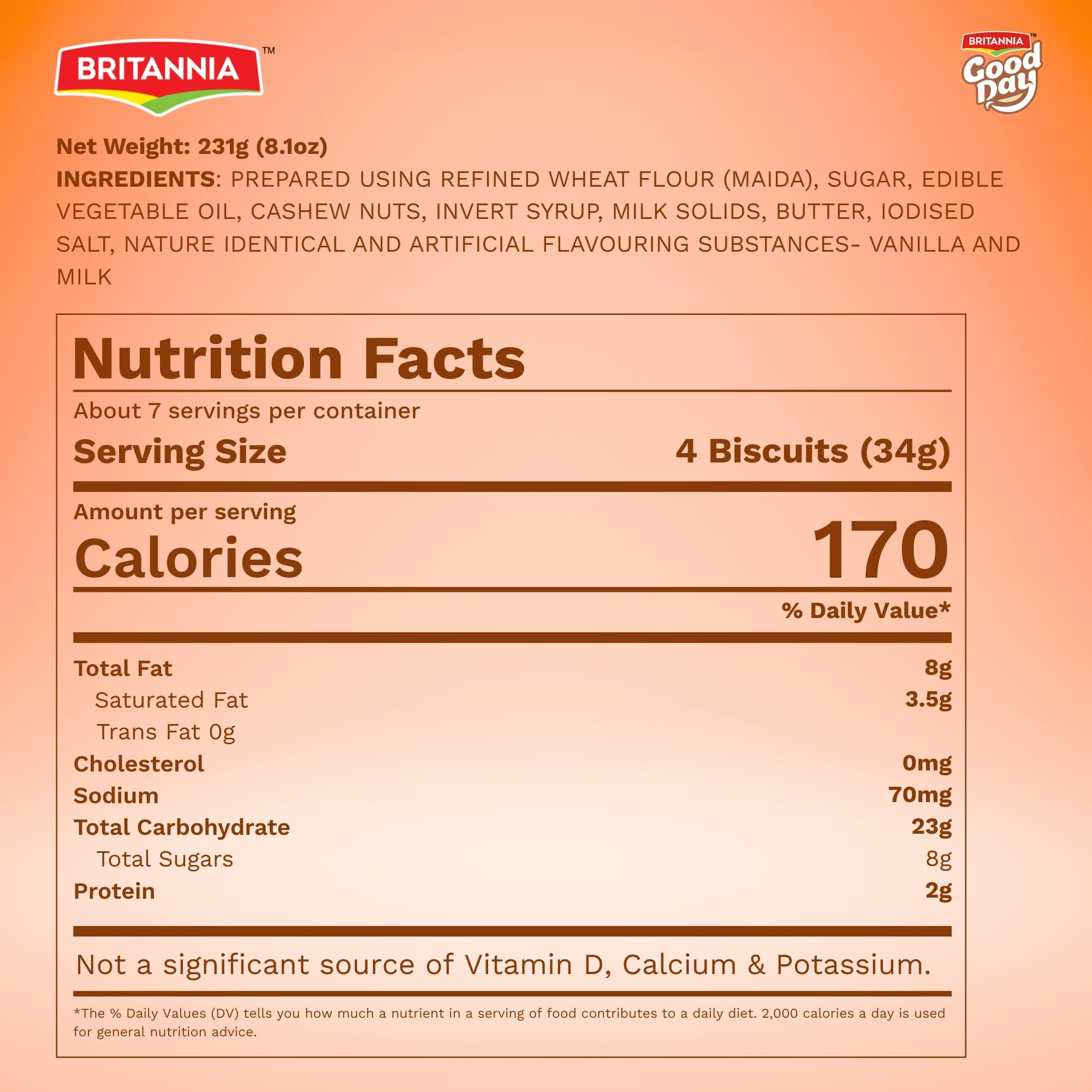 Britannia Good Day Cashew Cookies, 231g (8.1 oz) – Crunchy Cashew Biscuits, Perfect Tea-Time & Anytime Snack