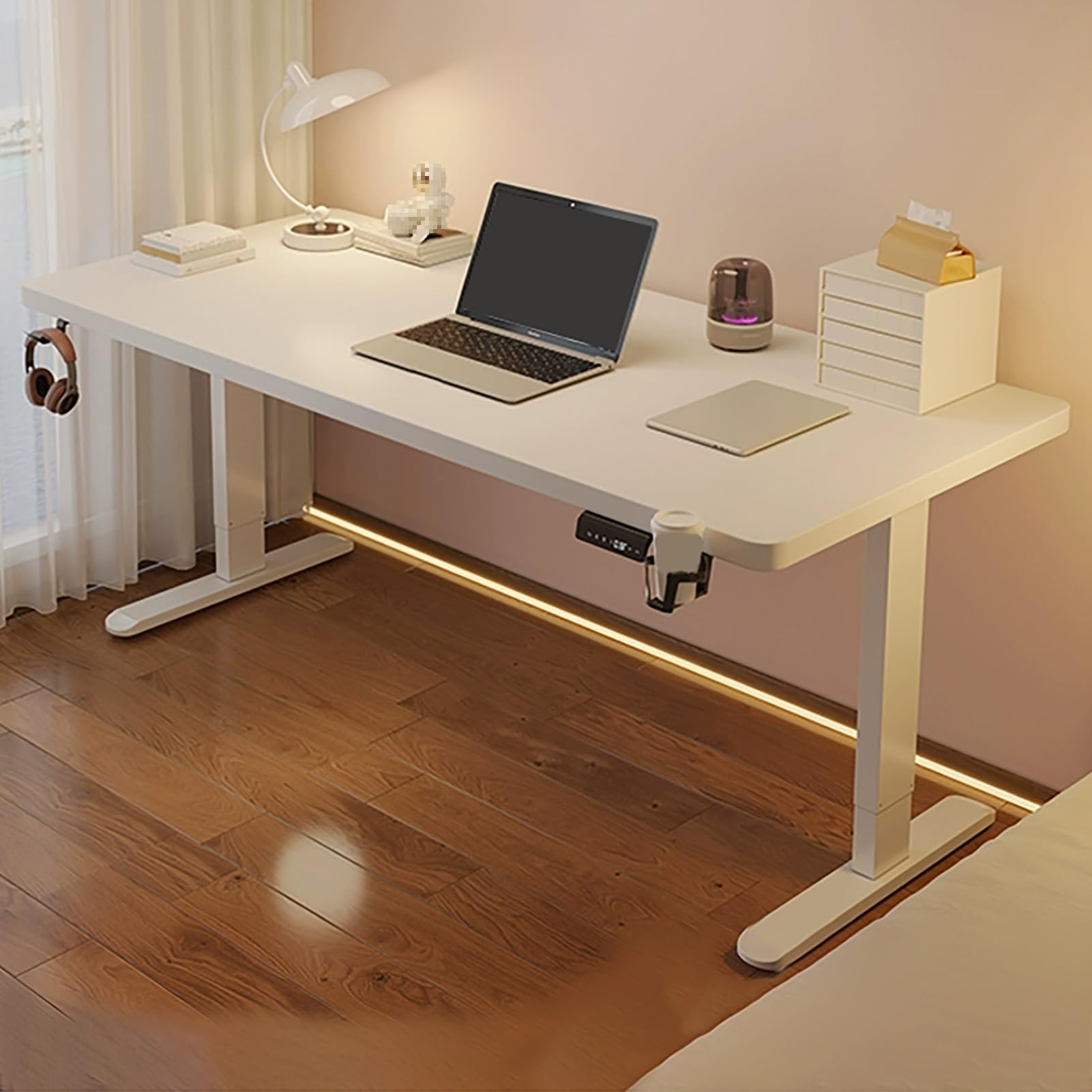 MYUYEE Adjustable Standing Desk, Gaming Computer Desk, Sit Stand Up Desk, With Cup Holder And Headphone Hook, Home Office Desk, Steel Frame (White-120X70Cm)