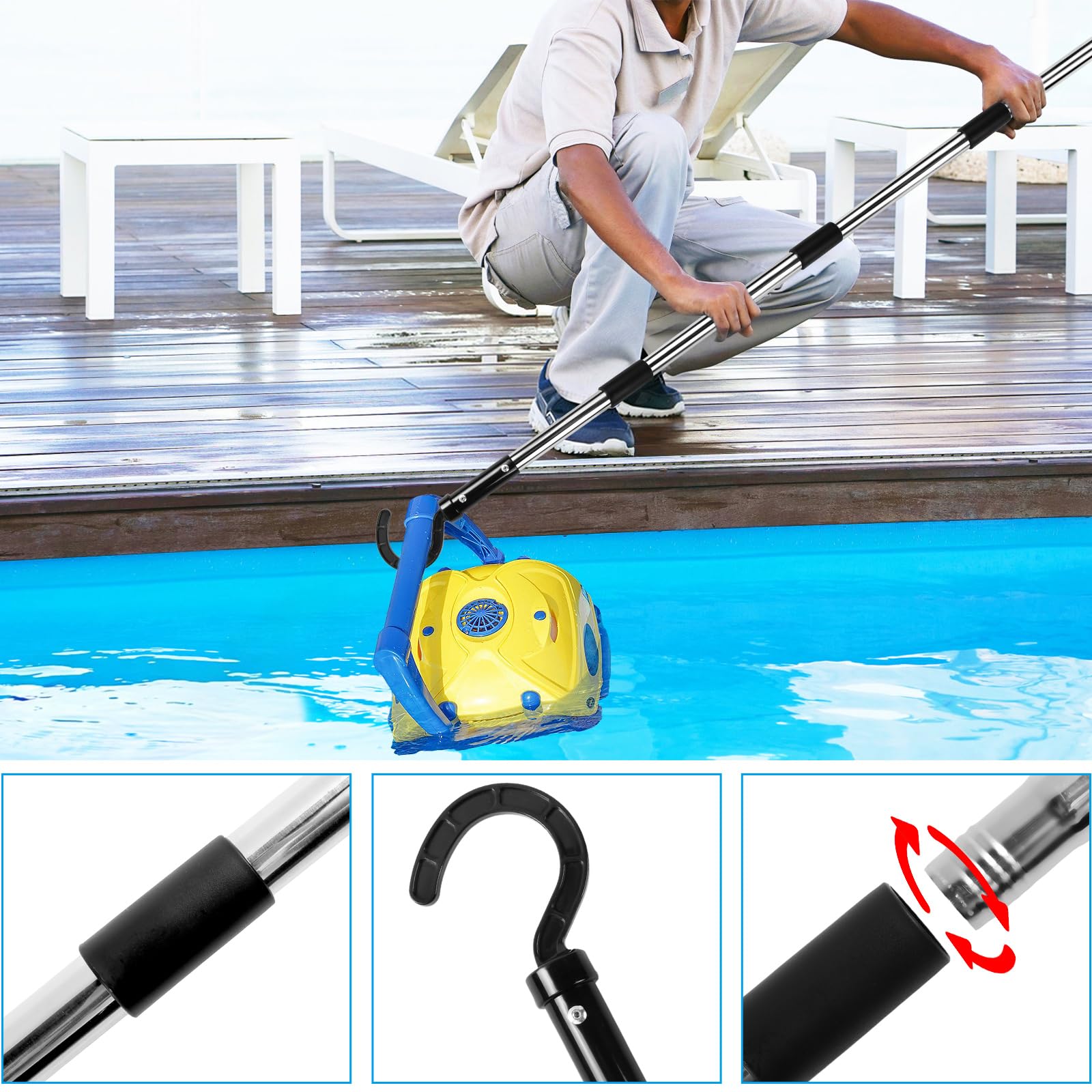 Crochet Robot Piscine 148 cm Crochets Perche Piscine Crochet pour Aspirateur de Piscines, Bouée, Panier Filtrant