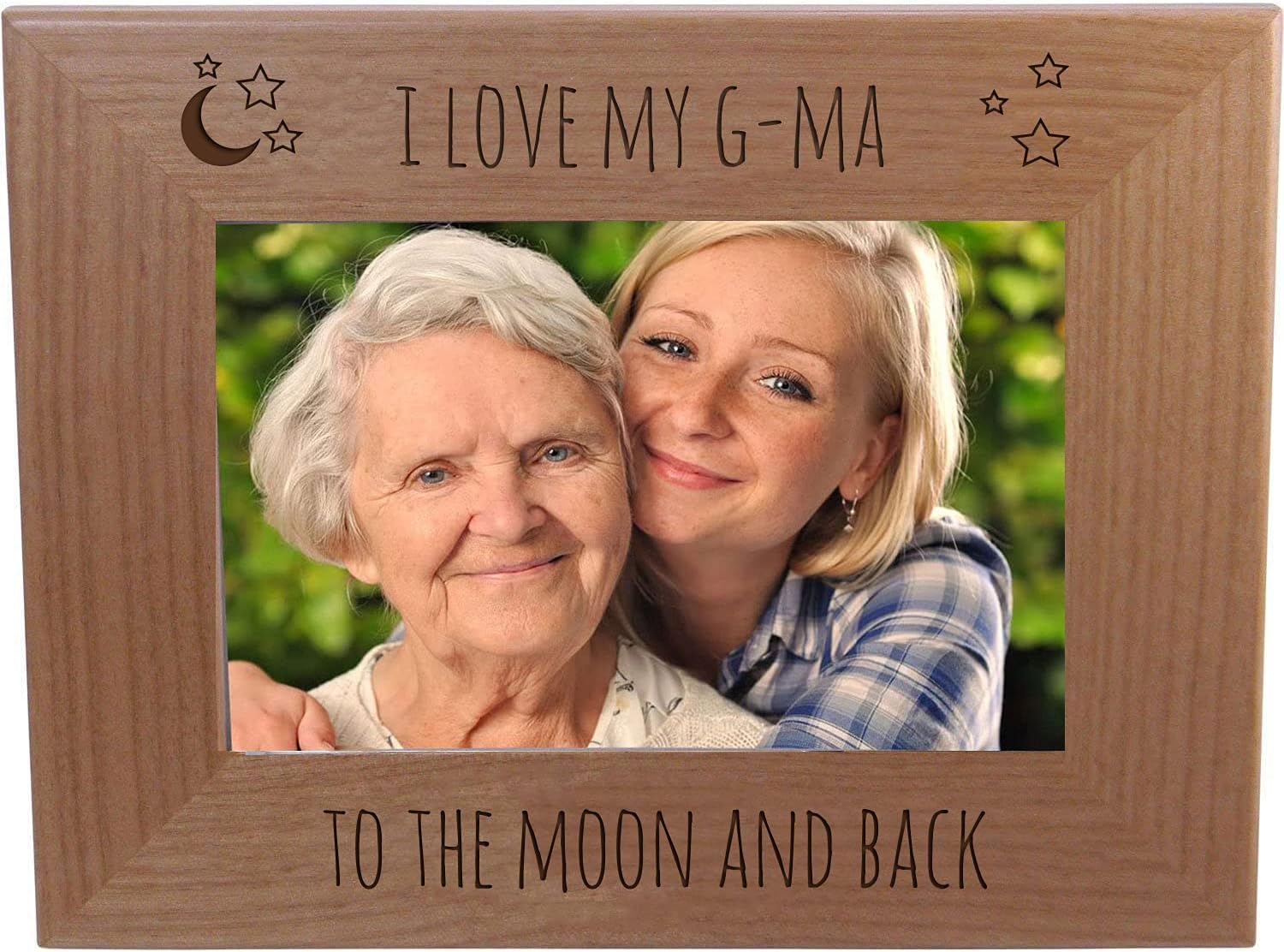 CustomGiftsNow I Love My G-Ma to The Moon and Back - Engraved Natural Alder Wood Hanging/Tabletop Picture Memory Family Memorial Photo Real Wooden Frame