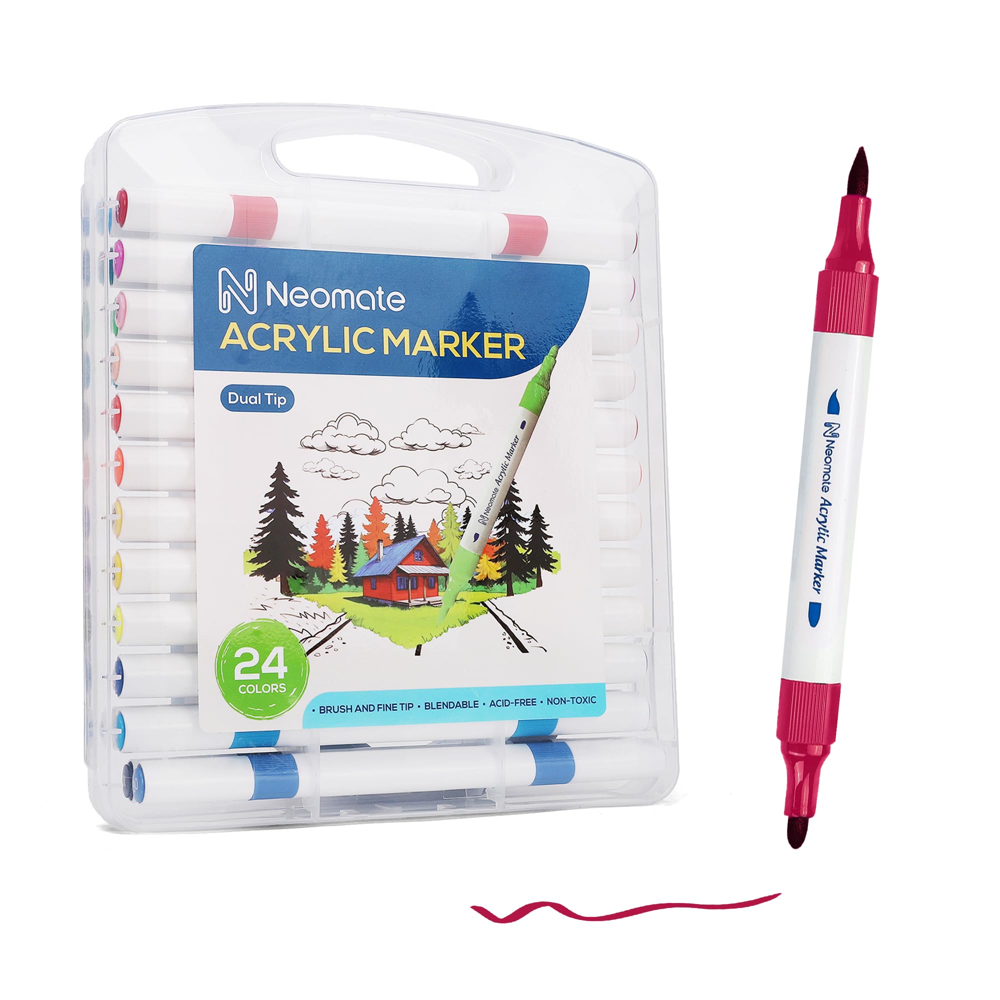 Neomate 24 Pcs Dual-Tip Acrylic Markers Set|Non-Toxic Art Supplies for Kids & Adults|Brush and Fine Tips for Drawing & Sketching|Includes Carry Case for Easy Storage|Ideal for Coloring Books,Multi