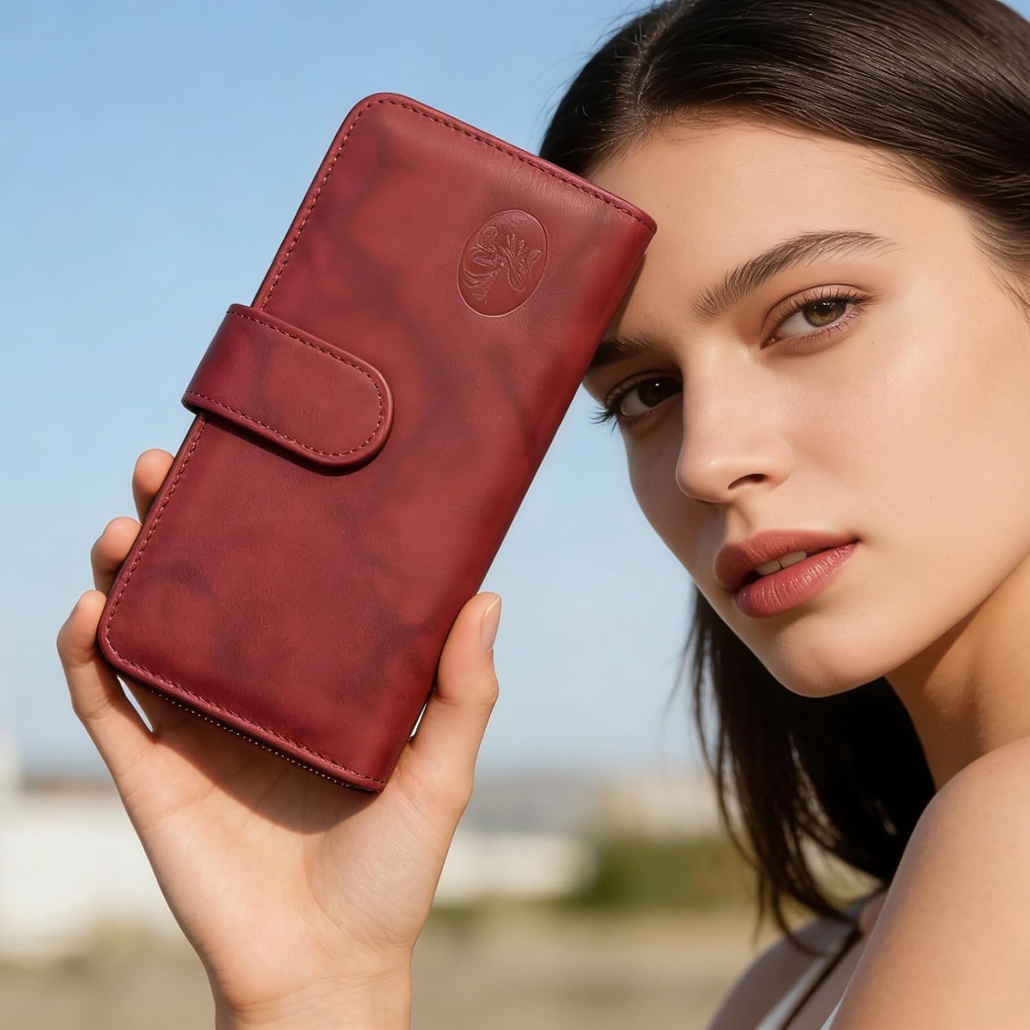 Julia Buxton Heiress Women's RFID Blocking Checkbook Leather Wallet with Zipper, Multiple Card Slots & ID Window, Gift Idea, Red