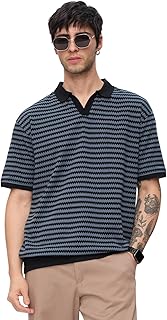 The Souled Store Jacquard Polo: Men and Boys Short Sleeves Collared Neck Striped Cotton Oversized Polos